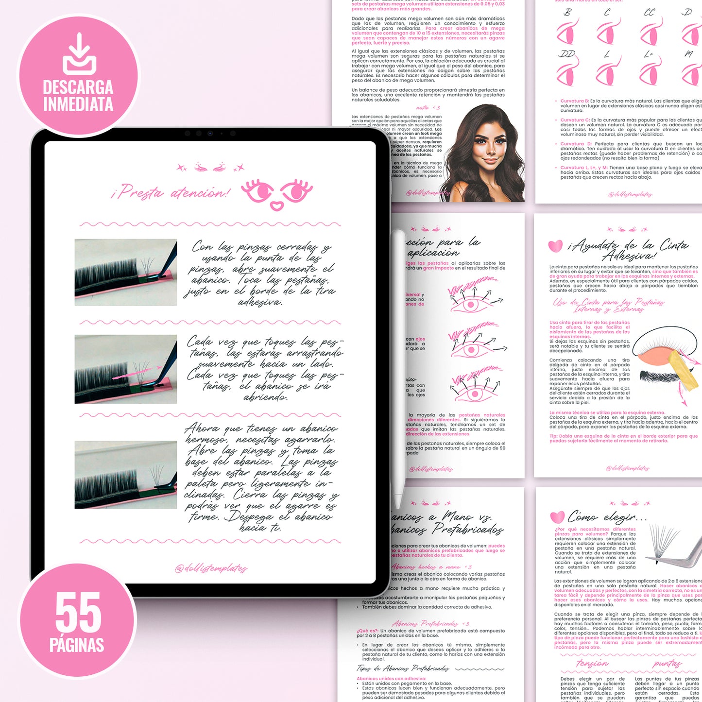 Guía Volumen Perfecto en formato digital para lashistas profesionales. Incluye portada elegante y páginas internas con técnicas de aplicación, mapeo de pestañas y diseño de estilos de volumen.