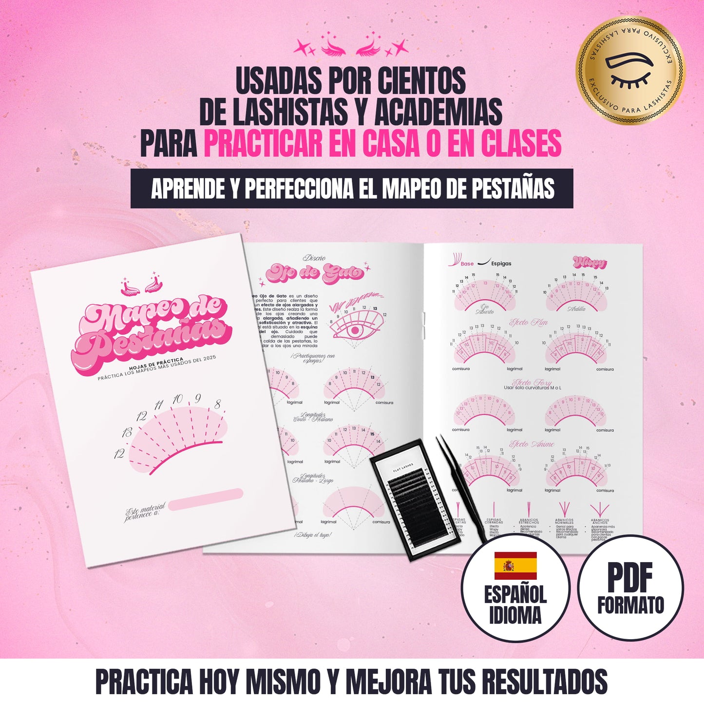 Plantillas de práctica en mapeo de pestañas, formato digital descargable en PDF, fáciles de usar para principiantes y lashistas.