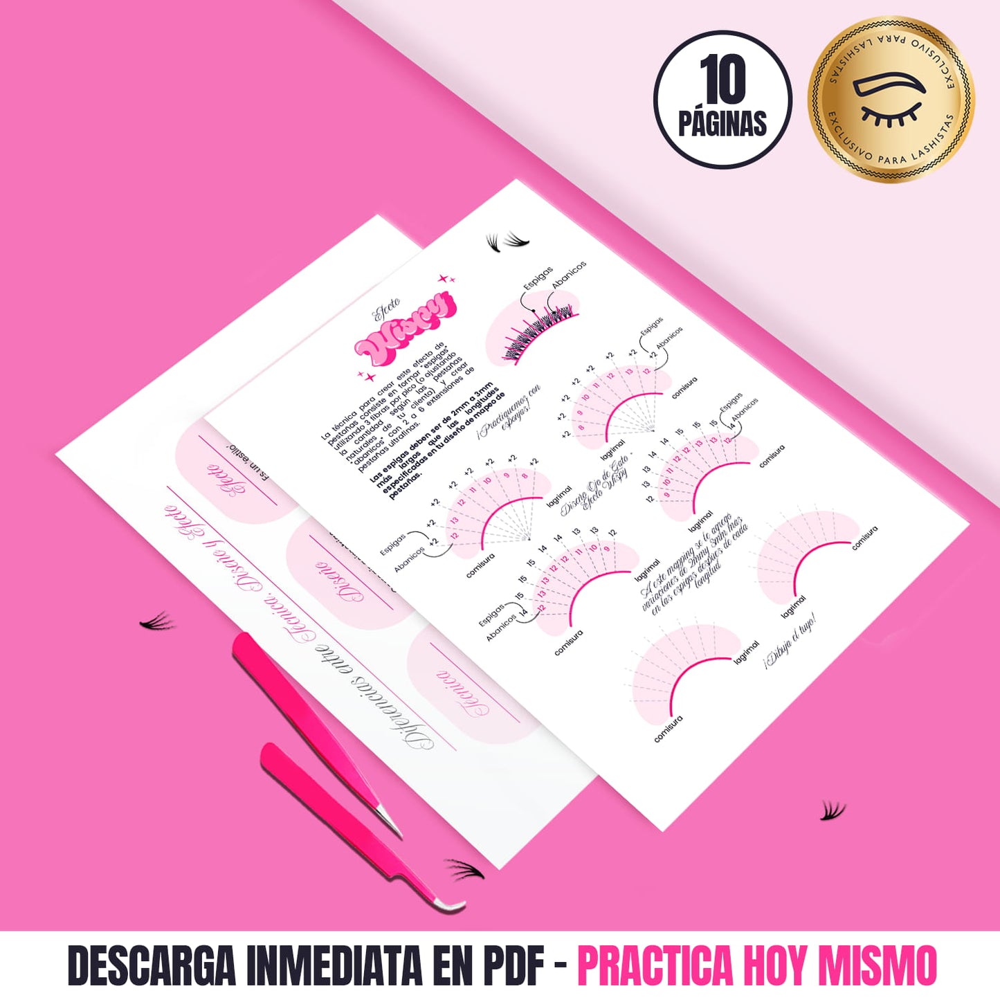 Hojas de práctica ilustradas de mapeo de pestañas, incluye diseños y efectos para aprender y perfeccionar técnicas de lashista.