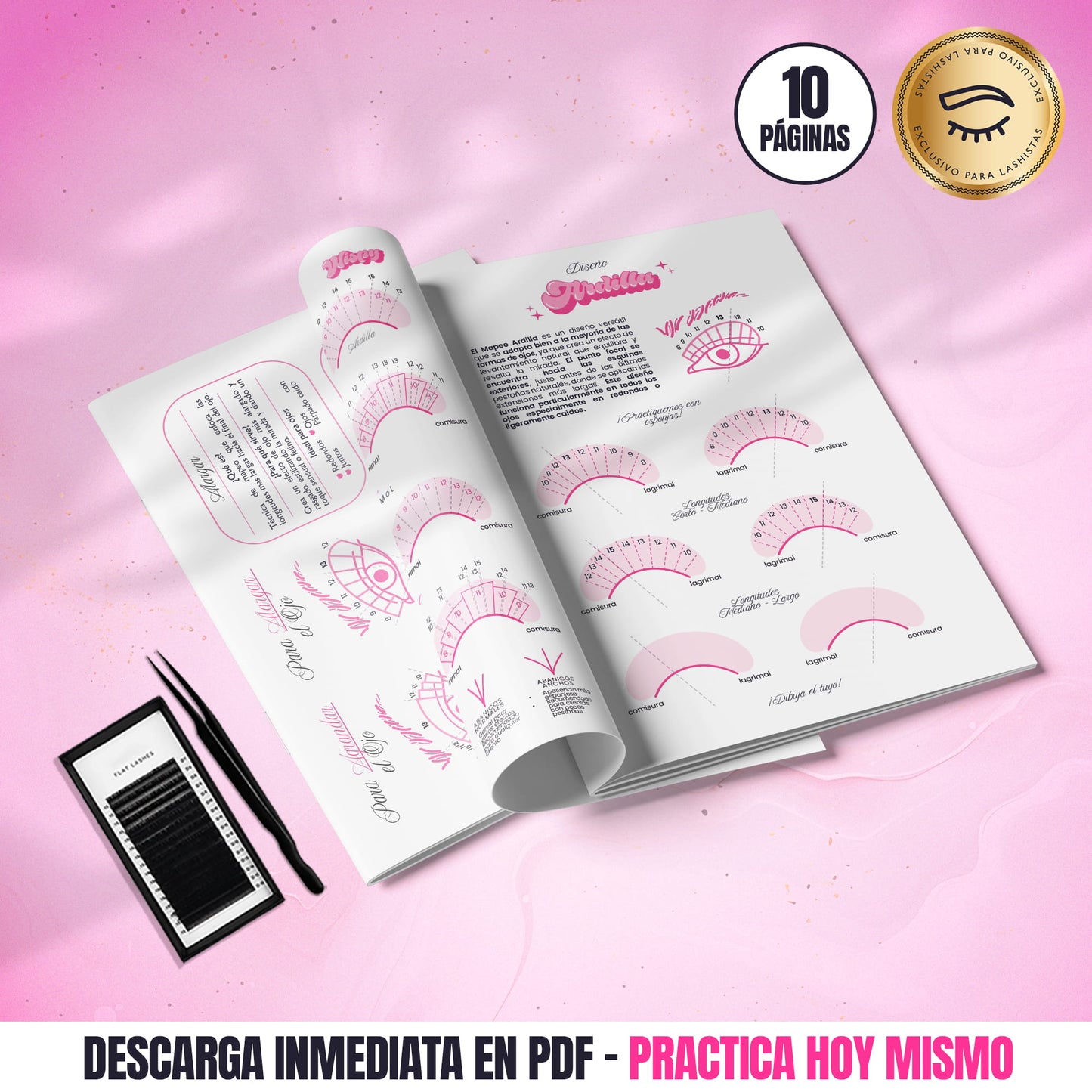 Material didáctico de práctica para extensiones de pestañas, hojas descargables en PDF listas para usar en clases o en casa.
