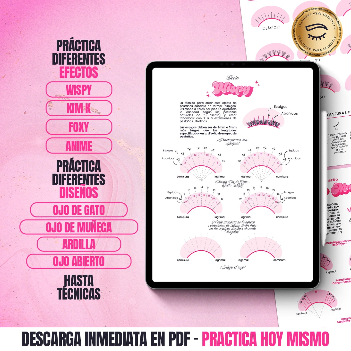 Material didáctico de práctica para extensiones de pestañas, hojas descargables en PDF listas para usar en clases o en casa.