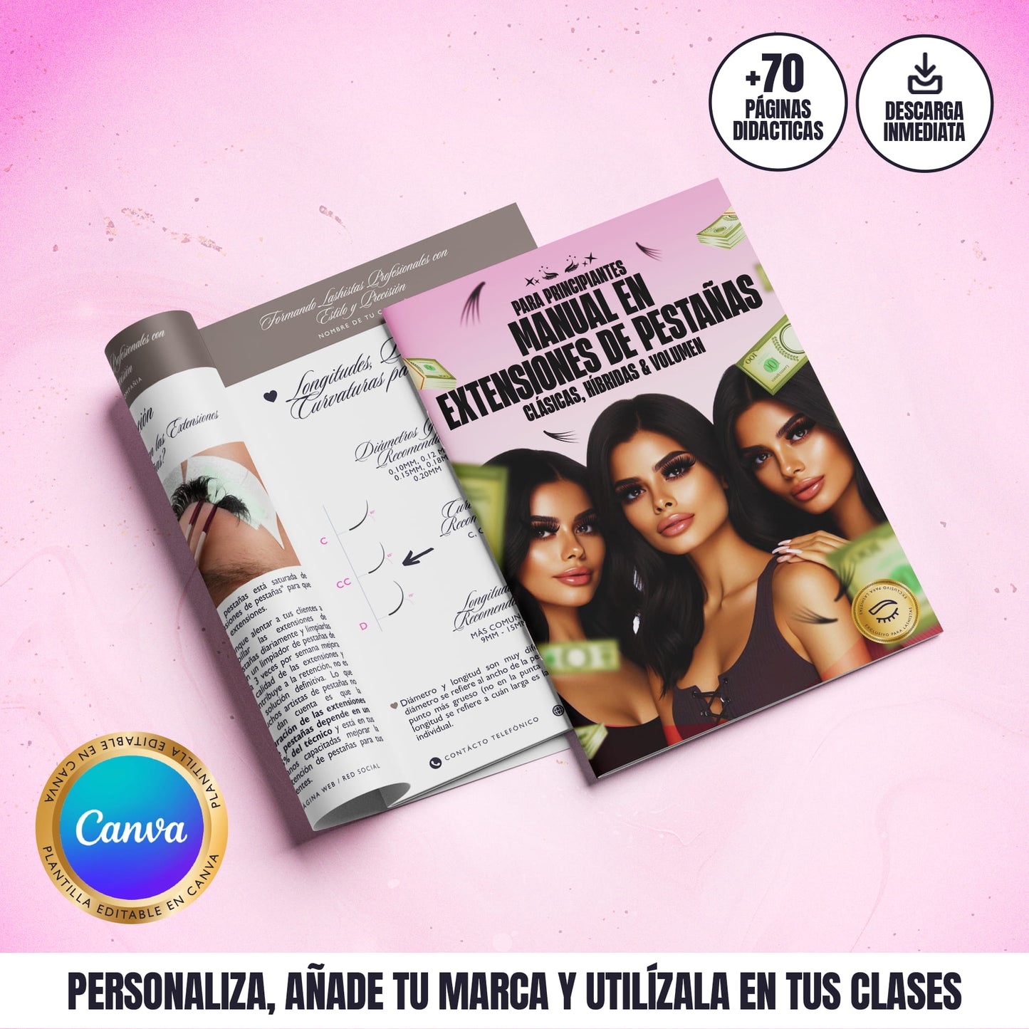 Manual profesional en extensiones de pestañas editable en Canva, diseñado para educadoras, trainers y academias de belleza.