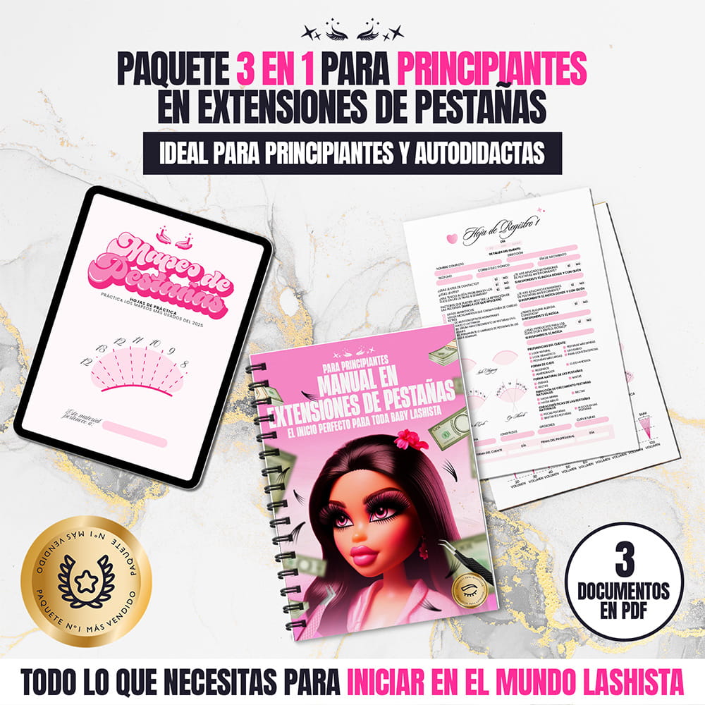Material digital lashista para autodidactas: manual, hojas de mapeo de pestañas y formularios profesionales en PDF.
