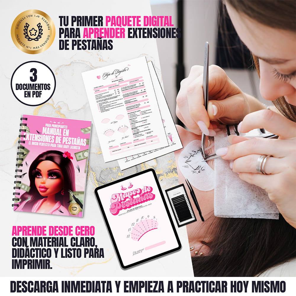 Paquete educativo para aprender extensiones de pestañas desde cero, formato PDF ideal para principiantes y lashistas autodidactas.