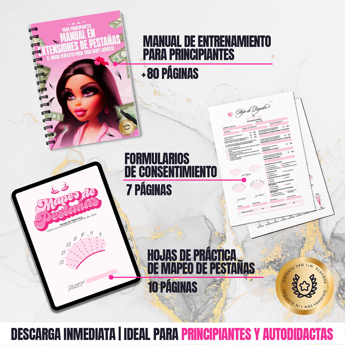 Paquete 3 en 1 en PDF para principiantes en extensiones de pestañas, incluye manual de entrenamiento, hojas de práctica y formularios descargables.