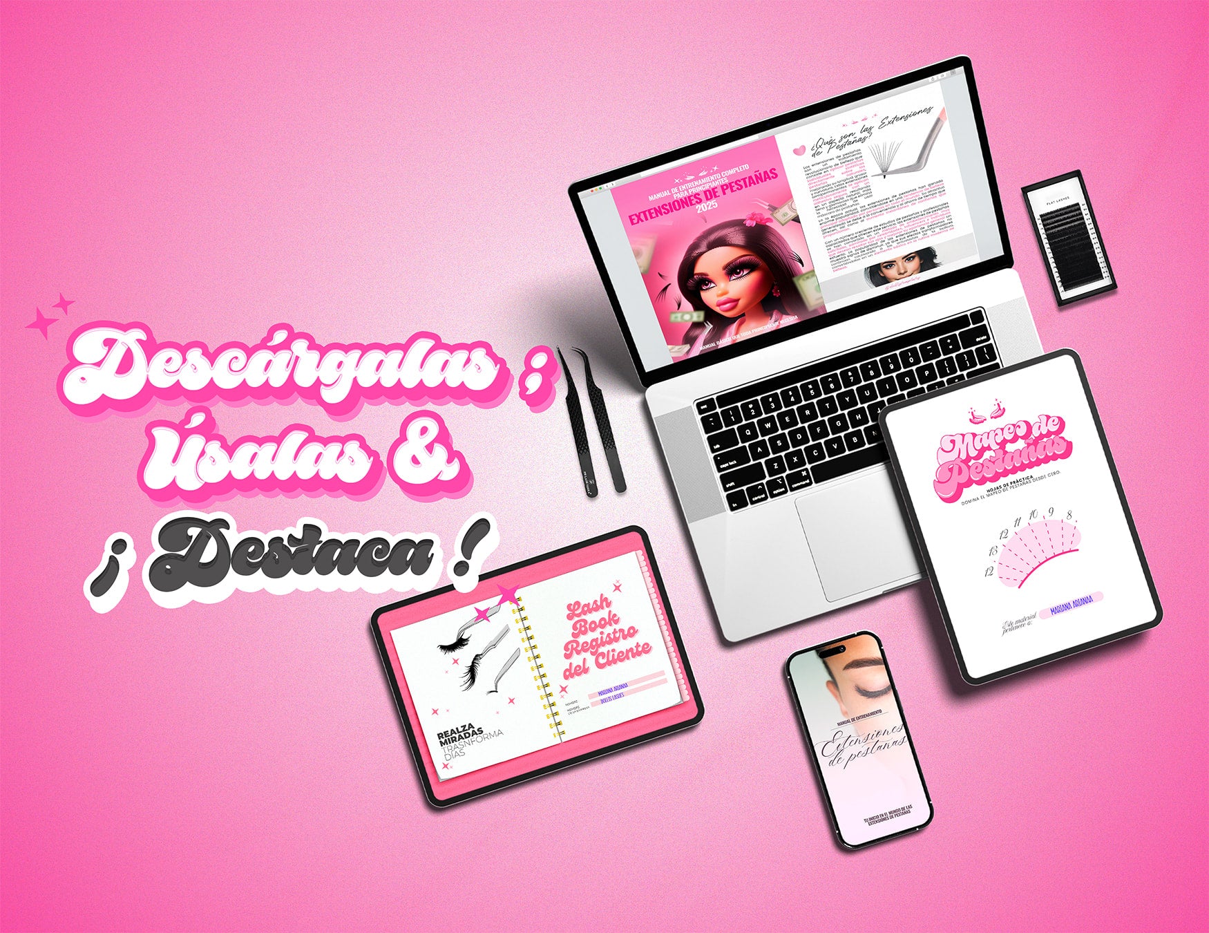 Imagen de plantillas digitales para lashistas, manicuristas, cejas, productos como hojas de mapeo, planner y libro de cliente, formularios, manuales profesionales totalmente digitales y fáciles de descargar.