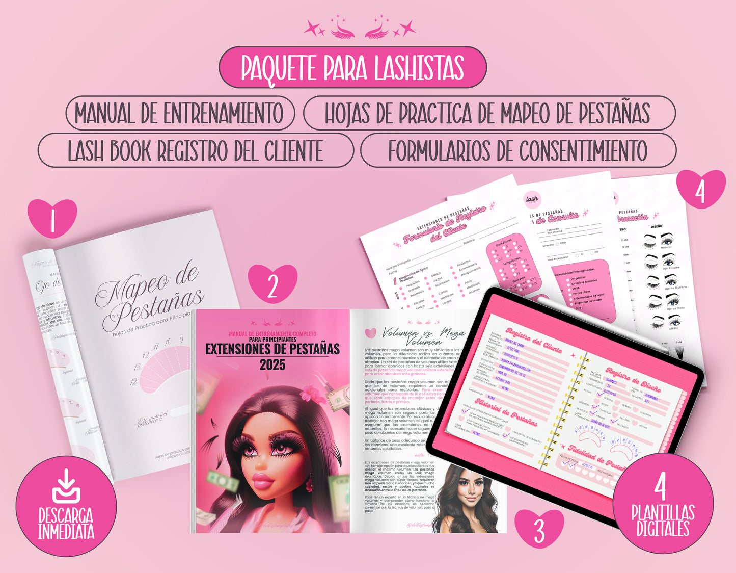 Imagen del Paquete Premium para Lashistas, que incluye un manual de entrenamiento, hojas de práctica de mapeo de pestañas, Lash Book de registro de clientes y formularios de consentimiento. Diseño en tonos rosados con formato digital y descarga inmediata. Ideal para lashistas principiantes que desean profesionalizar su servicio de extensiones de pestañas.