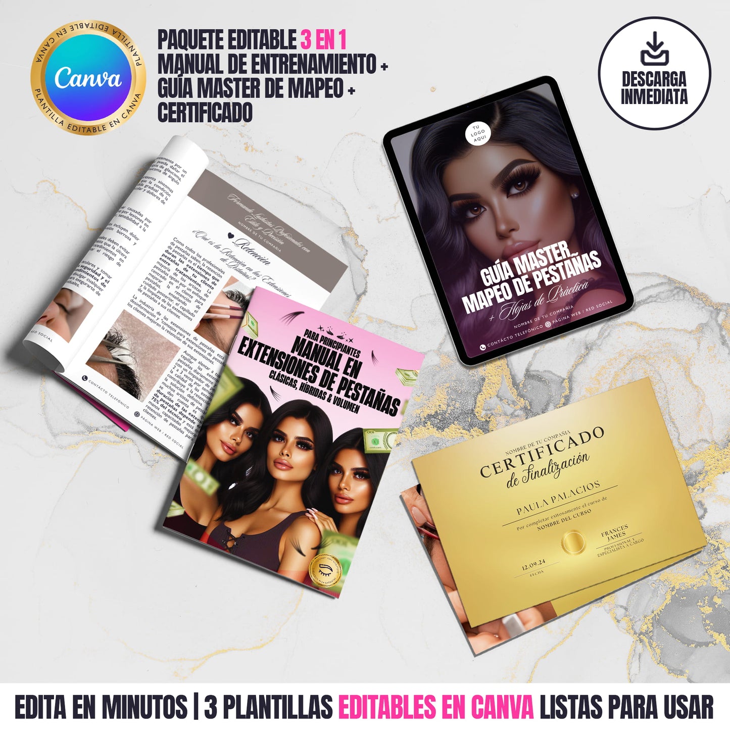 Paquete editable 3 en 1 para cursos de extensiones de pestañas en Canva: manual de entrenamiento, guía de mapeo y certificado personalizable.