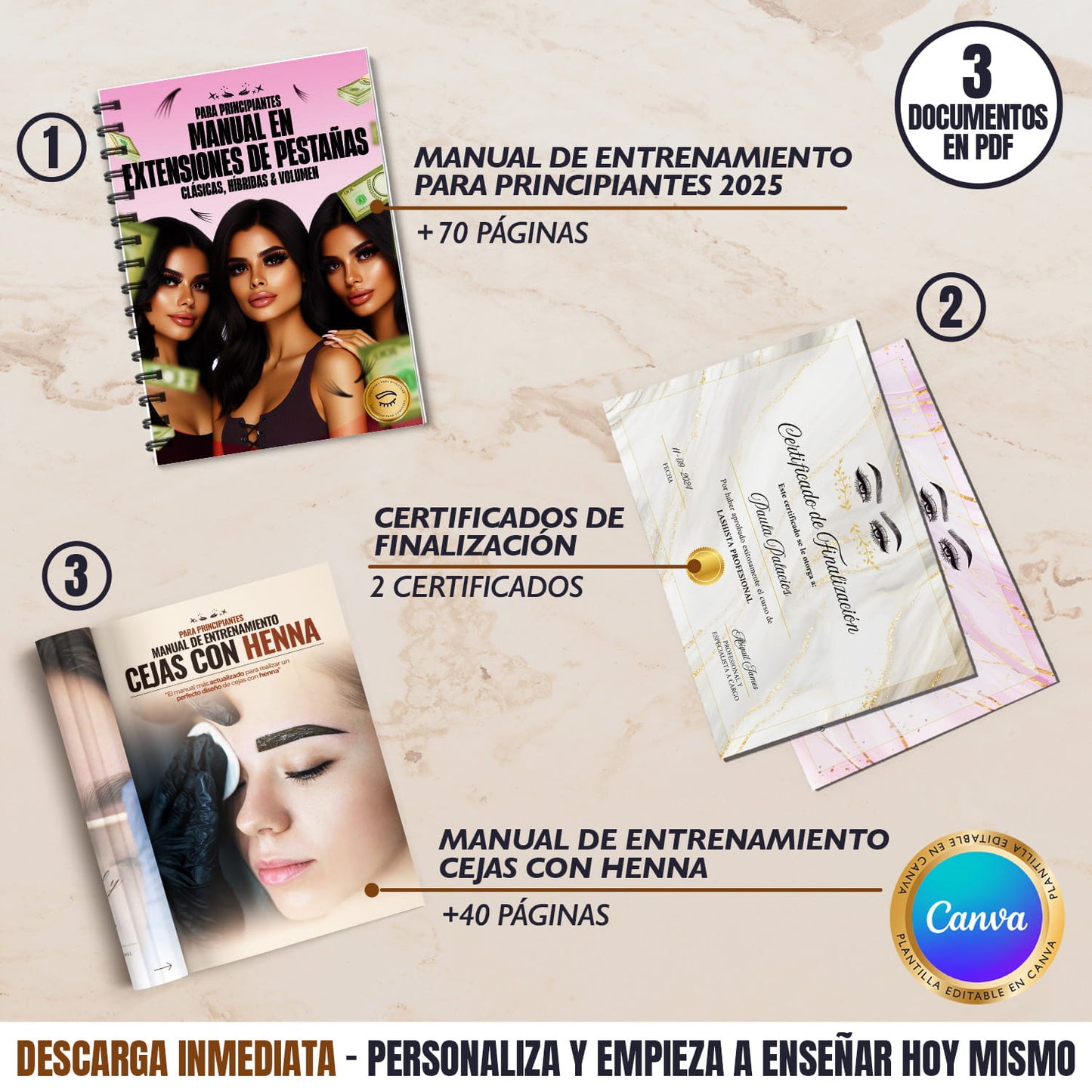 Paquete Digital 3 en 1 Editable en Canva | Manual de Extensiones de Pestañas + Cejas con Henna + Certificados Personalizables