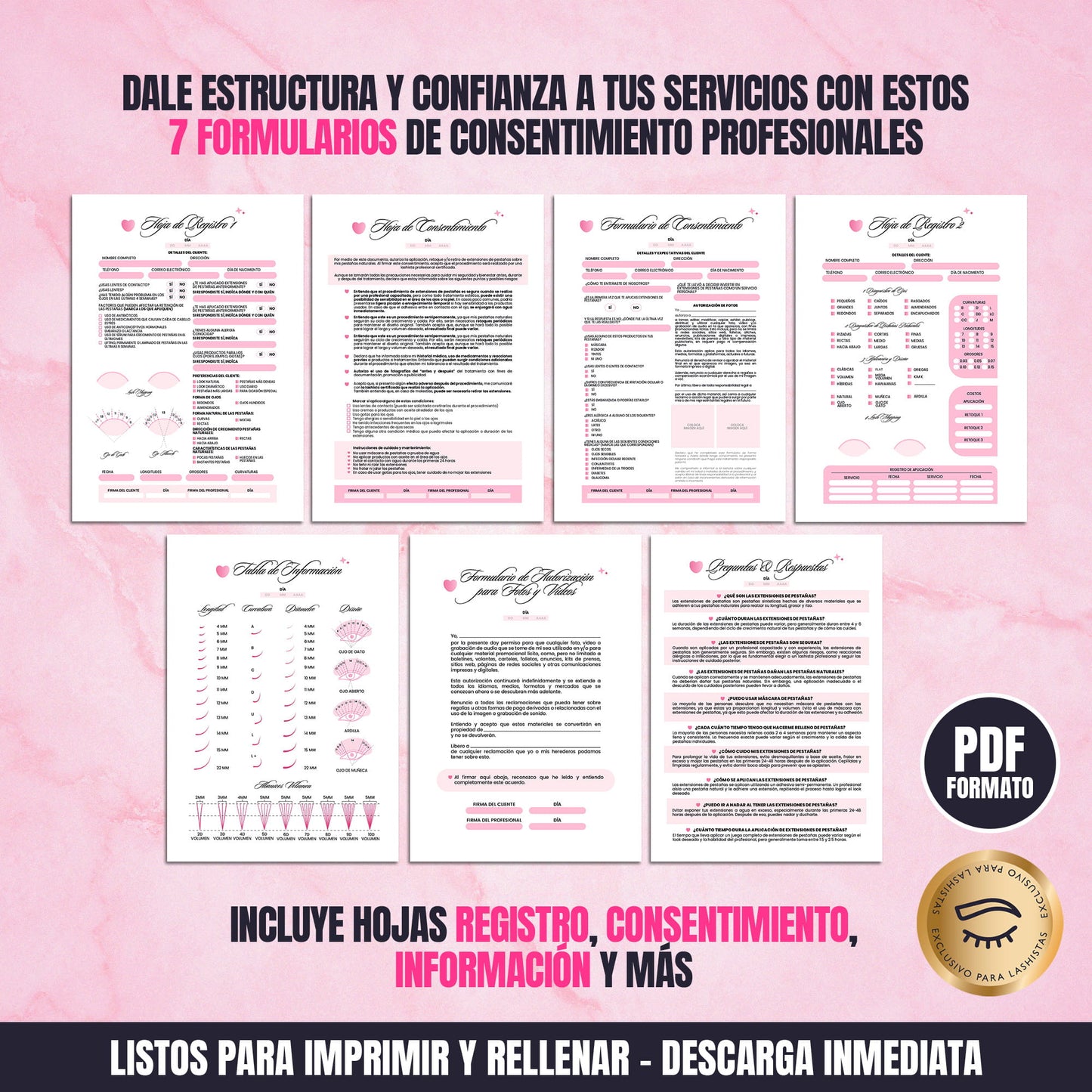 Formularios de Consentimiento Profesionales para Lashistas | 7 Páginas en PDF Rellenables e Imprimibles