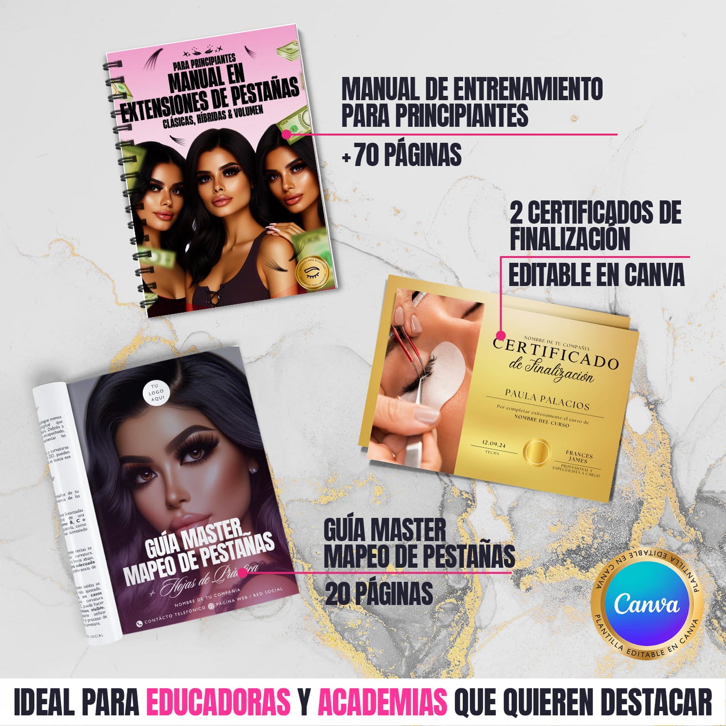 Paquete digital editable en Canva con 3 recursos: manual de extensiones, guía master de mapeo y certificado de finalización.