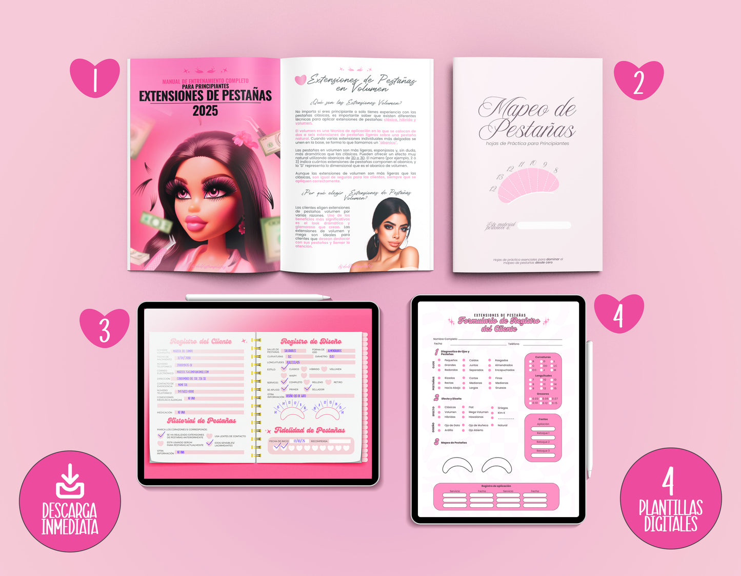 Imagen del Paquete Premium para Lashistas, que incluye un manual de entrenamiento, hojas de práctica de mapeo de pestañas, Lash Book de registro de clientes y formularios de consentimiento. Diseño en tonos rosados con formato digital y descarga inmediata. Ideal para lashistas principiantes que desean profesionalizar su servicio de extensiones de pestañas.