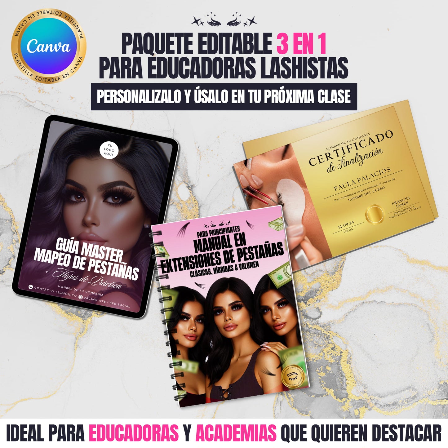 Plantillas editables en Canva para lash trainers y academias: incluye manual, guía de mapeo de pestañas y certificado profesional.