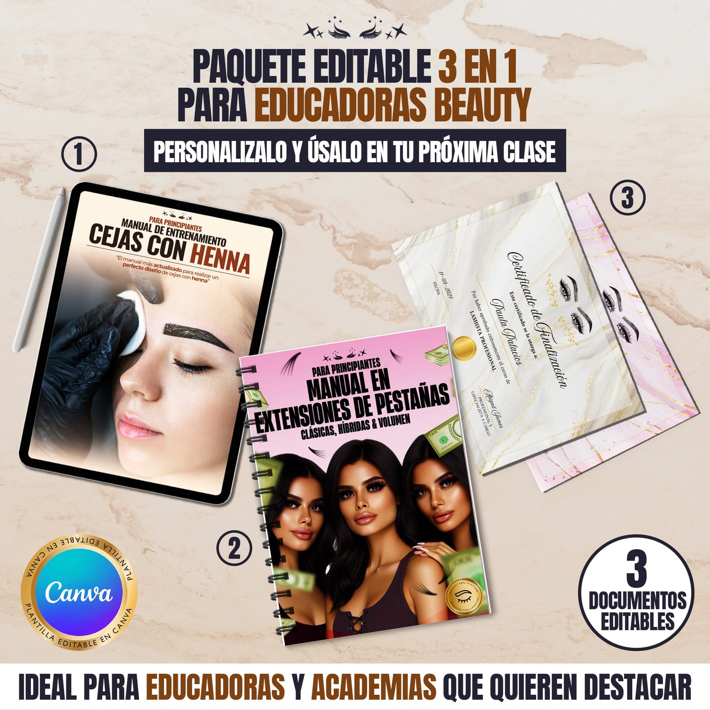 Paquete Digital 3 en 1 Editable en Canva | Manual de Extensiones de Pestañas + Cejas con Henna + Certificados Personalizables