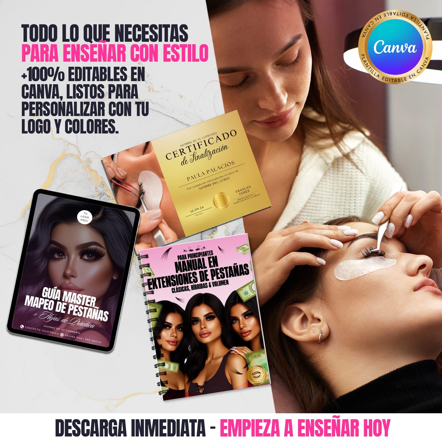 Kit completo editable en Canva para cursos de extensiones de pestañas, con manual digital, guía de mapeo y certificados listos para imprimir.