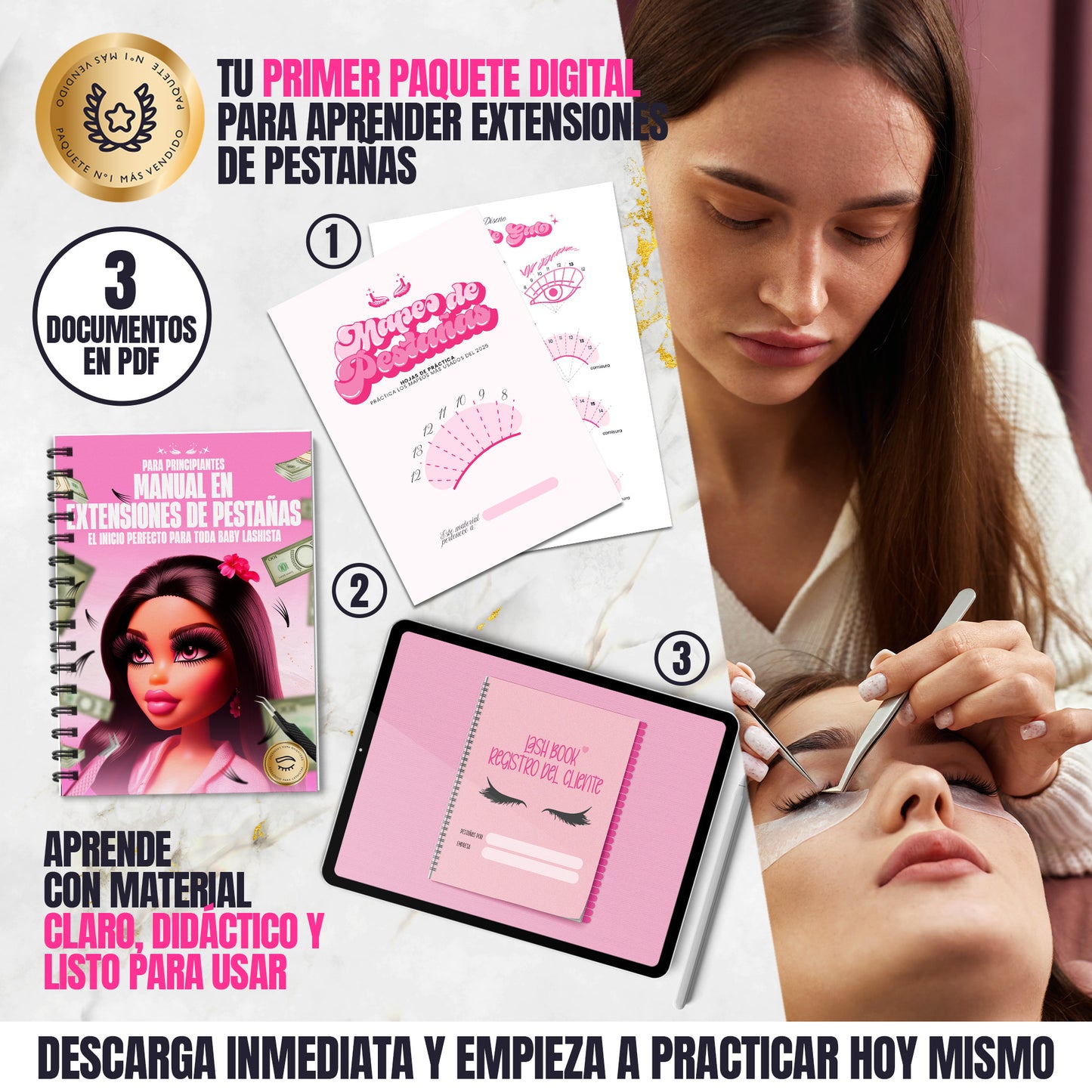 Paquete Profesional 3 en 1 para Lashistas | Manual, Hojas de Práctica y Lash Book Registro del Cliente