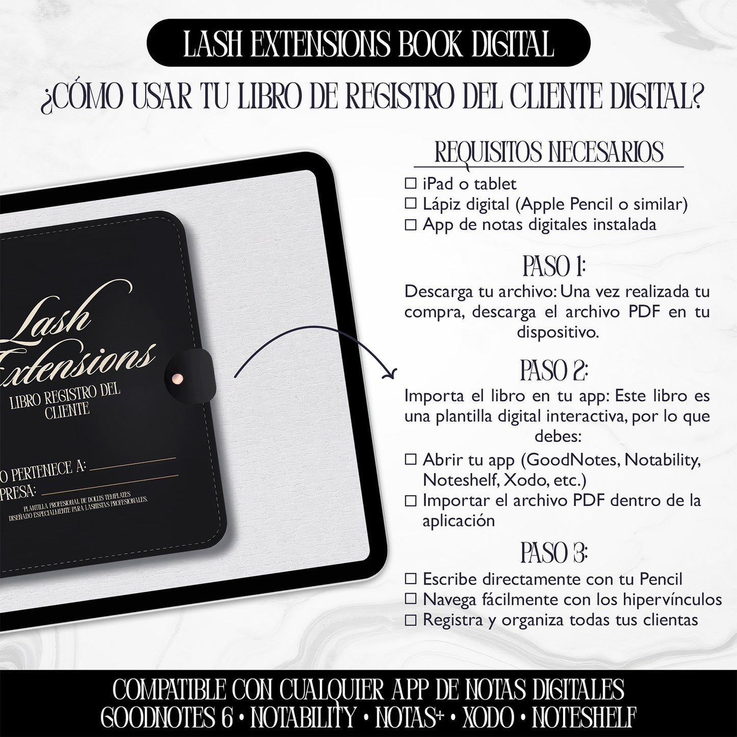 Lash Extensions Libro Digital – Registro del Cliente Elegante para Lashistas