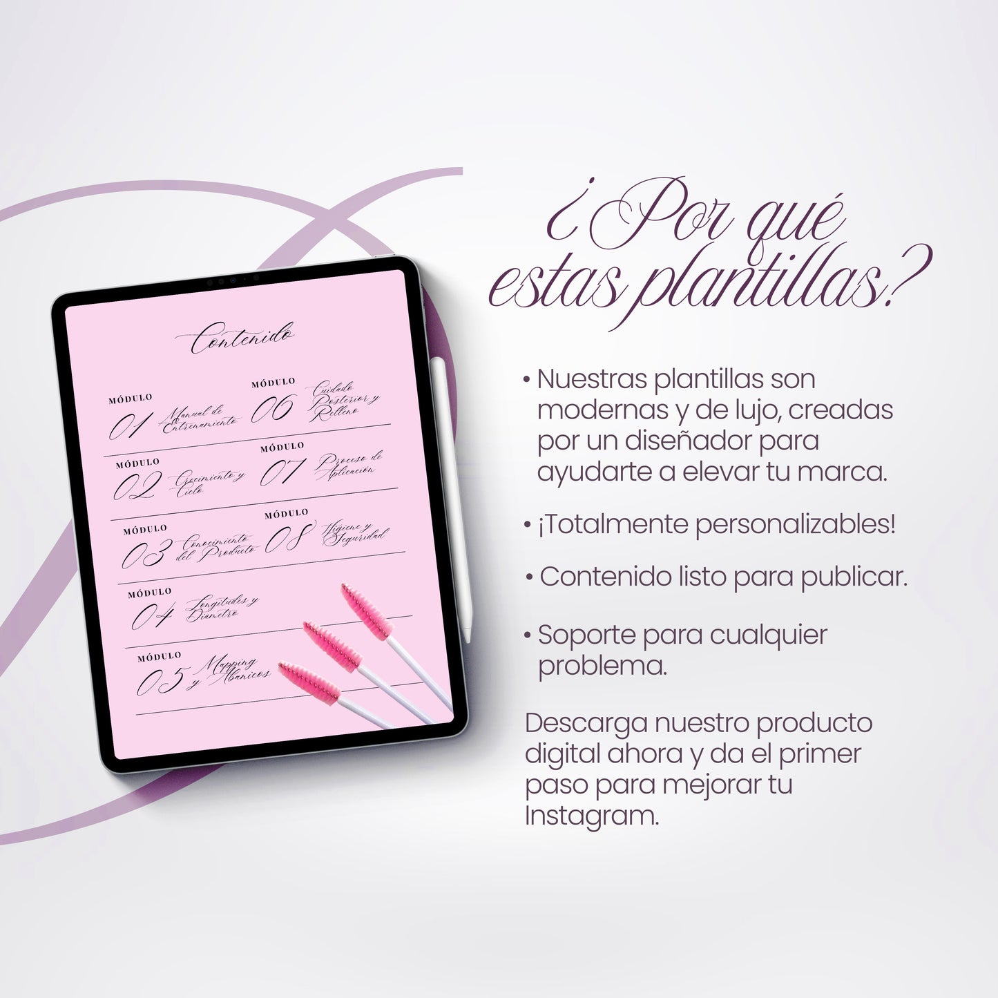 Manual de entrenamiento para extensiones de pestañas en tonos rosa, con diseño elegante y moderno. Incluye información sobre volúmenes, longitudes y diámetros para técnica clásica. Disponible en formato digital, editable en Canva y con descarga inmediata.