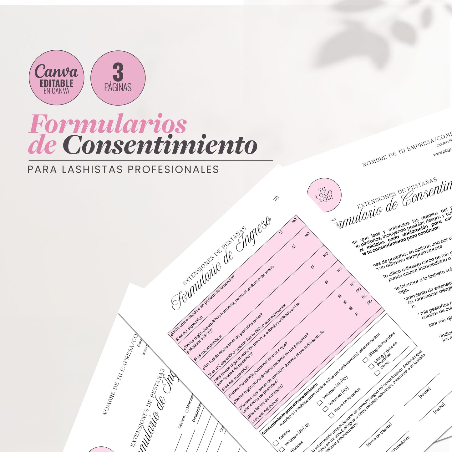 Imagen de los Formularios de Consentimiento para Lashistas Profesionales de Dollis Templates. Incluyen ingreso, consentimiento y evaluación, editables en Canva y disponibles para descarga inmediata.