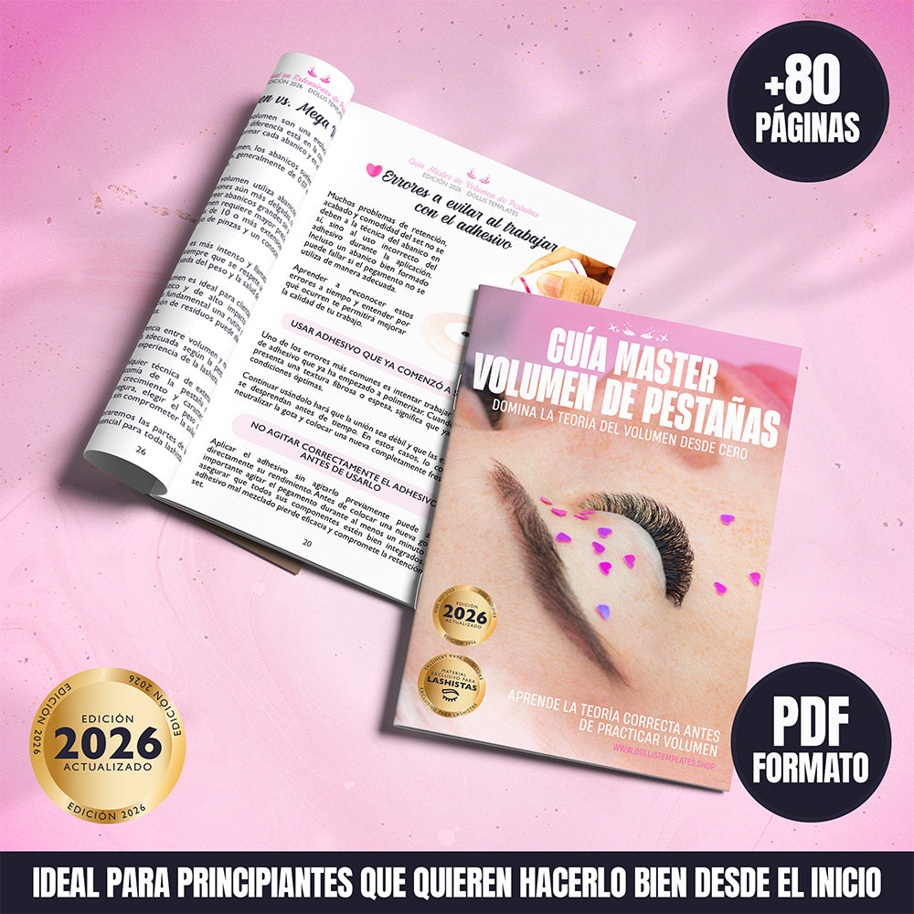 Guía Master Volumen de Pestañas para principiantes edición 2026 en formato PDF, con más de 80 páginas de teoría profesional, abanicos, diámetros, mapeo y técnica de volumen explicada desde cero.