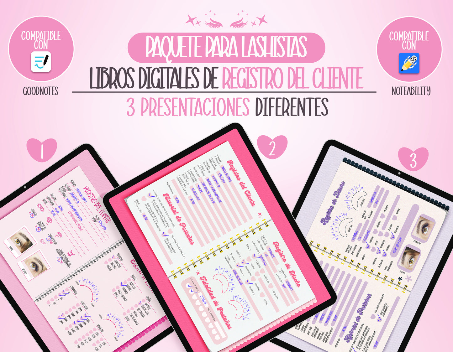 Paquete de libros digitales de registro para lashistas – 3 diseños diferentes compatibles con Goodnotes y Notability