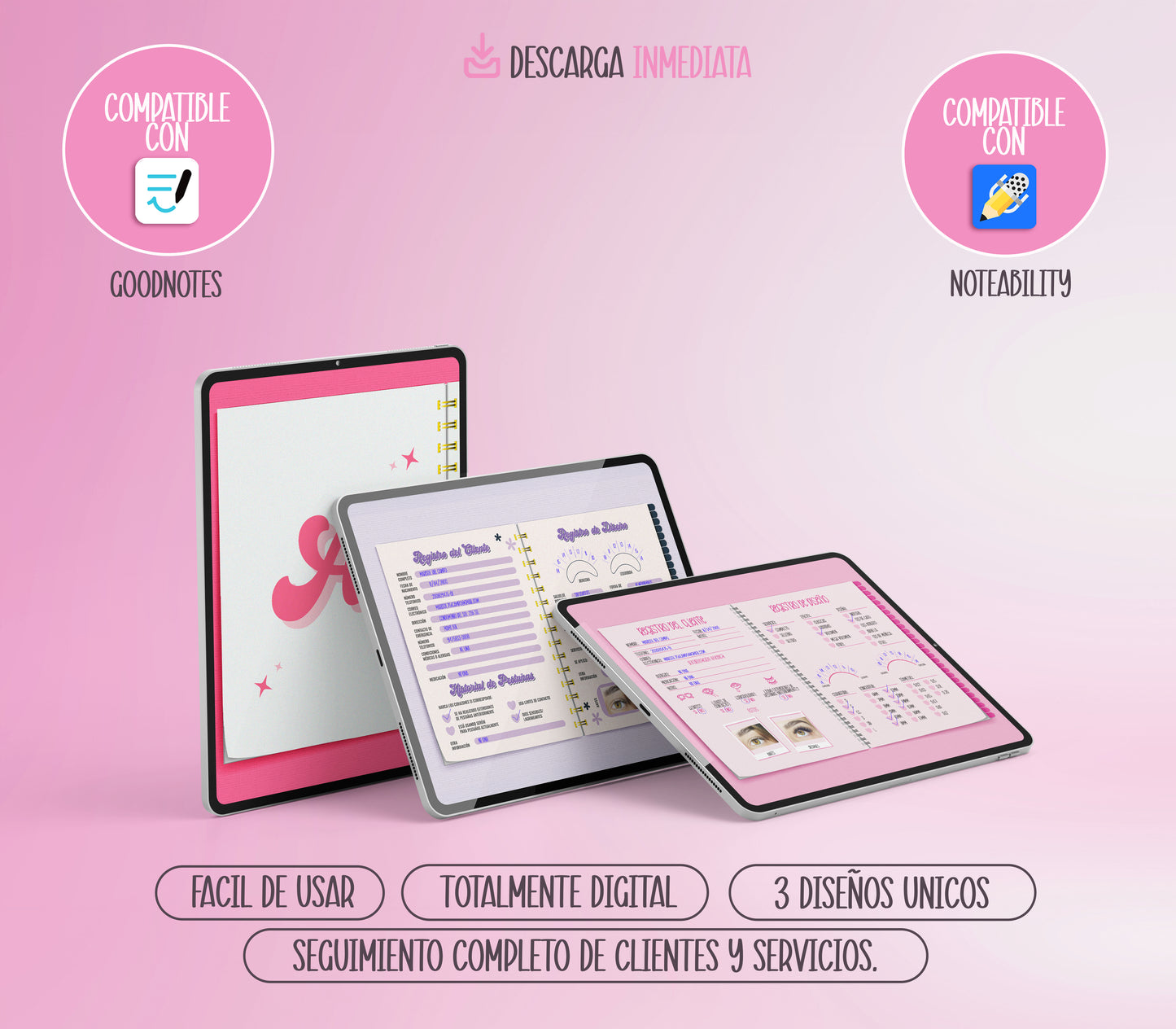 Paquete de libros digitales de registro para lashistas – 3 diseños únicos compatibles con Goodnotes y Notability