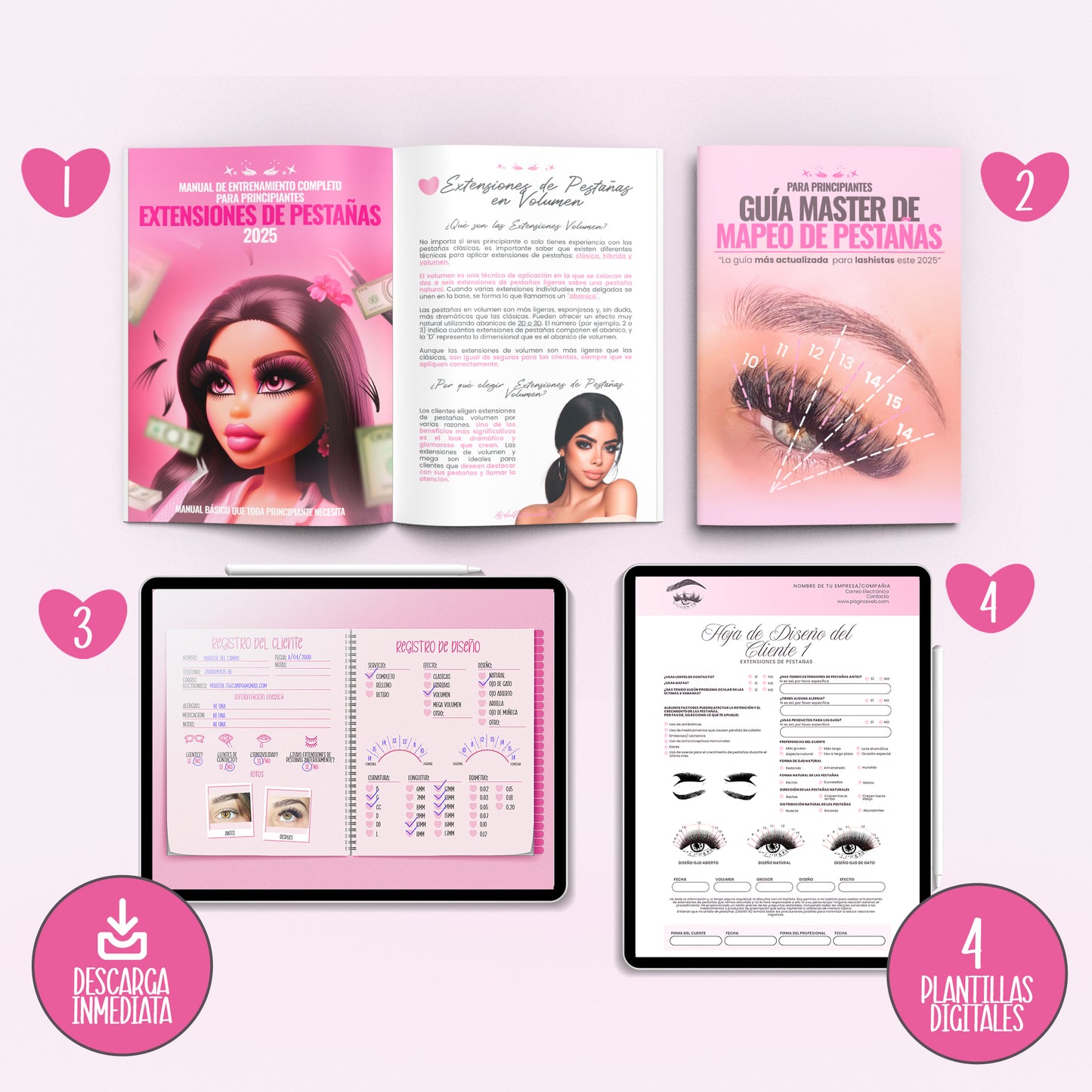 Manual de Entrenamiento en Extensiones de Pestañas- Guía Master de Mapeo - Lash Book Registro del Cliente - Formularios