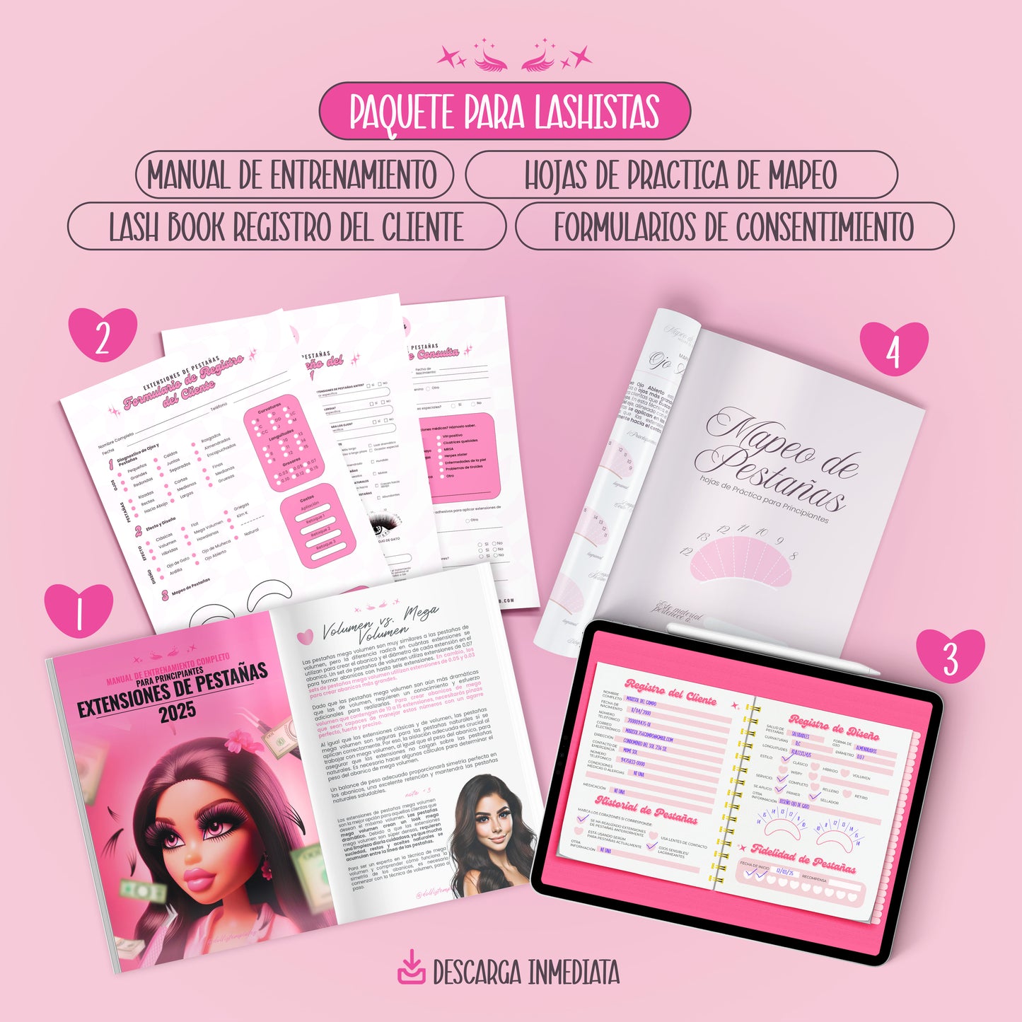 magen del Paquete Premium para Lashistas, que incluye un manual de entrenamiento, hojas de práctica de mapeo de pestañas, Lash Book de registro de clientes y formularios de consentimiento. Diseño en tonos rosados con formato digital y descarga inmediata. Ideal para lashistas principiantes que desean profesionalizar su servicio de extensiones de pestañas.