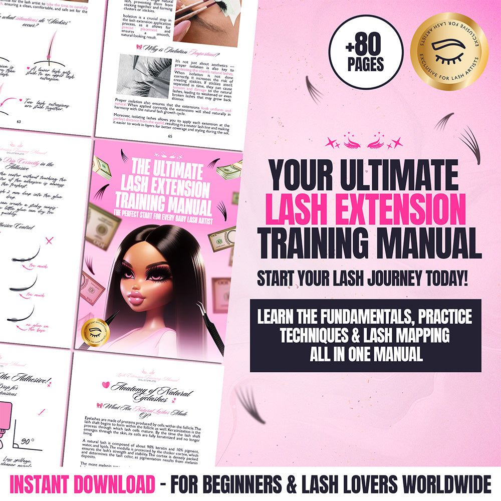 The Ultimate Lash Extension Training Manual – 80+ illustrated pages teaching lash fundamentals, mapping, and techniques for beginners and lash artists. Instant download PDF.