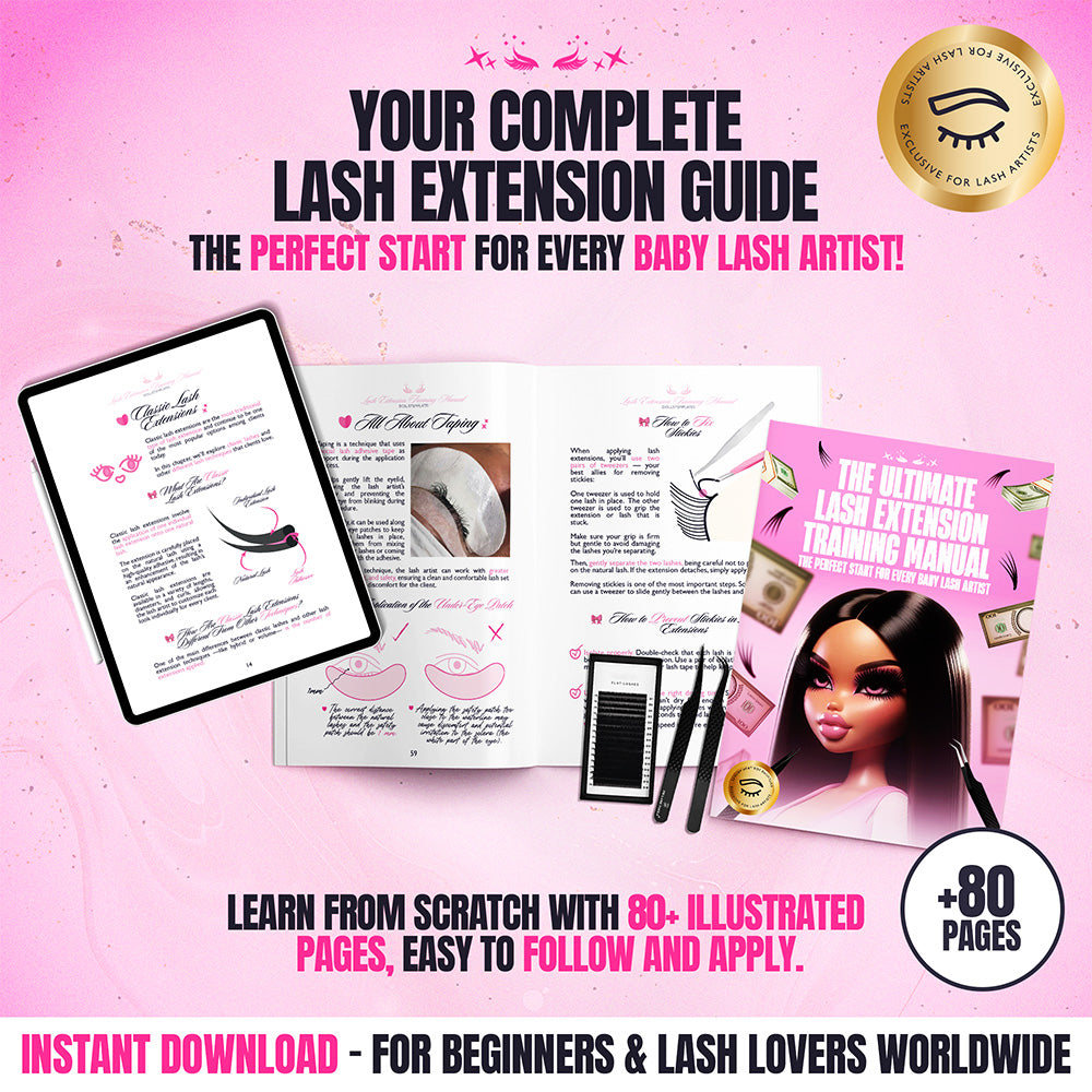The Ultimate Lash Extension Training Manual – 80+ illustrated pages teaching lash fundamentals, mapping, and techniques for beginners and lash artists. Instant download PDF.