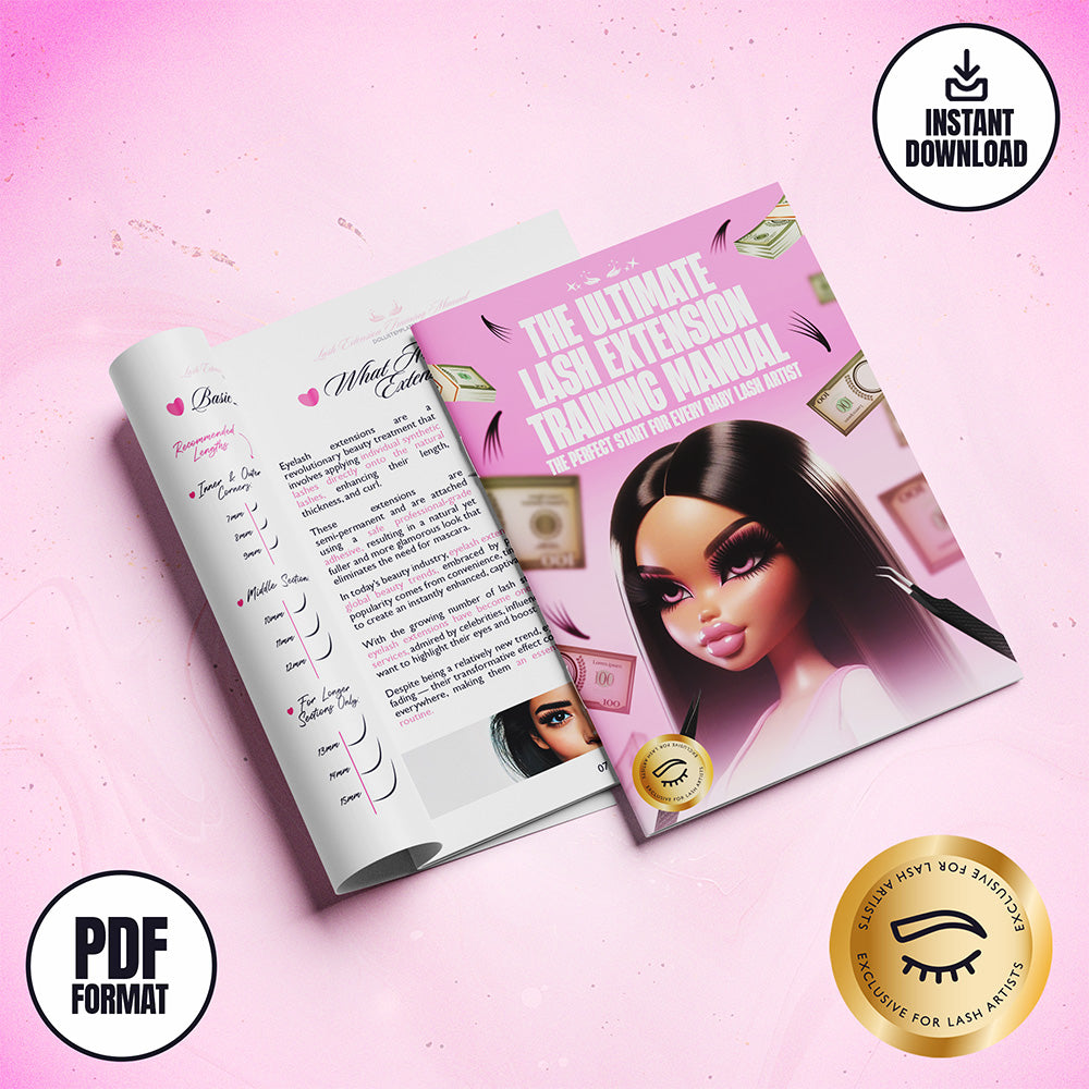 The Ultimate Lash Extension Training Manual – 80+ illustrated pages teaching lash fundamentals, mapping, and techniques for beginners and lash artists. Instant download PDF.
