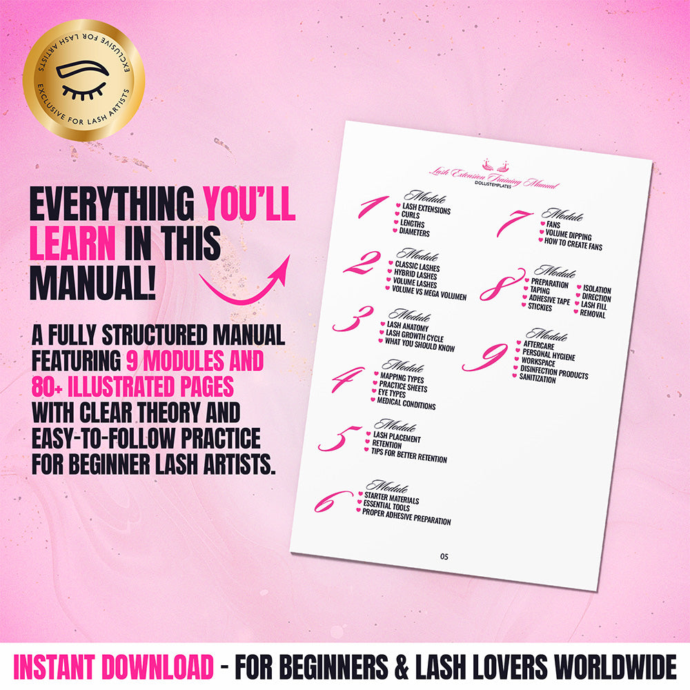 The Ultimate Lash Extension Training Manual – 80+ illustrated pages teaching lash fundamentals, mapping, and techniques for beginners and lash artists. Instant download PDF