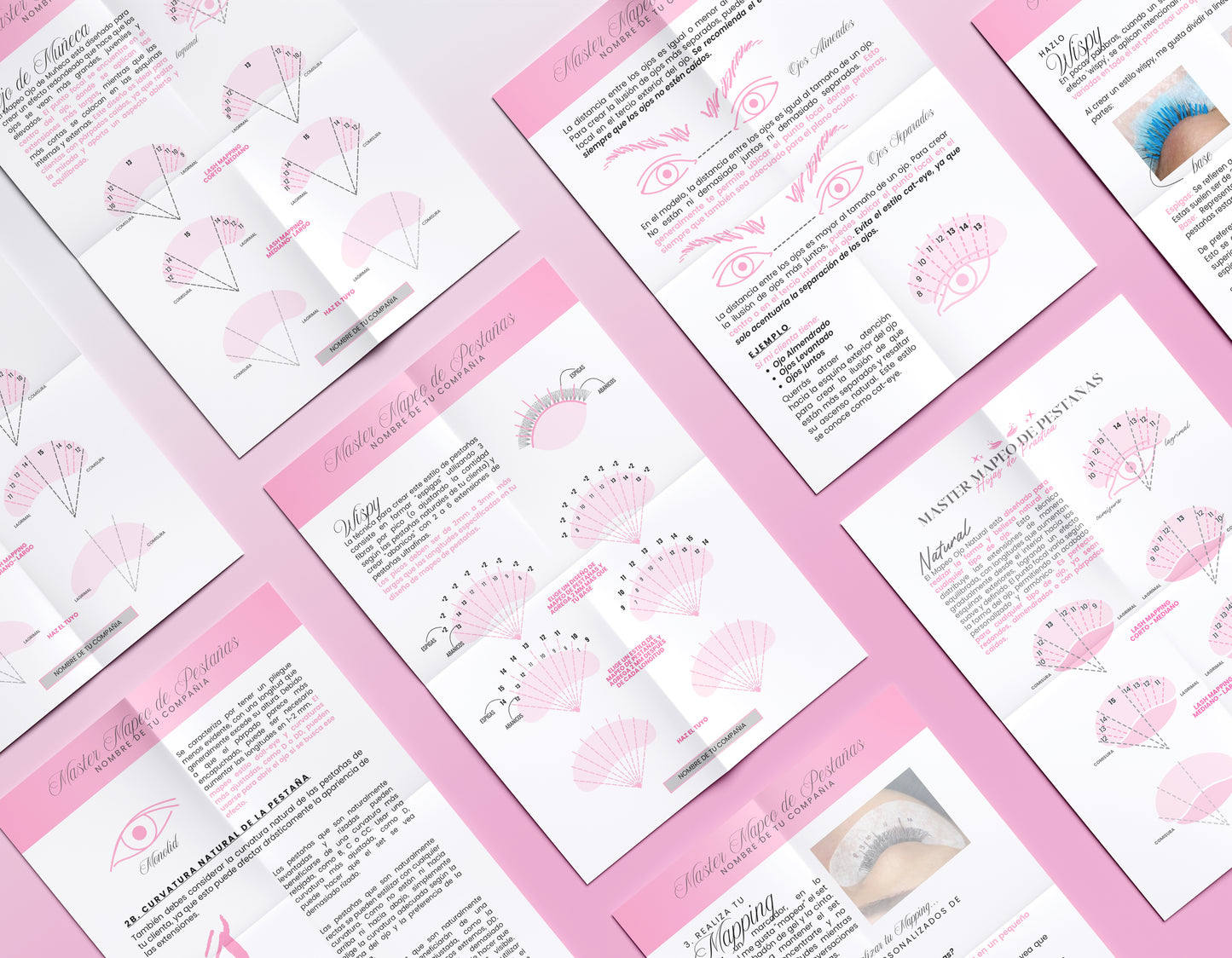Imagen de la Guía Master de Mapeo de Pestañas, con 18 páginas editables en Canva. Diseño en tonos rosados y negros, incluyendo ilustraciones de mapas de pestañas y técnicas de aplicación. Destaca la opción de descarga instantánea y su uso como material de práctica para lashistas.