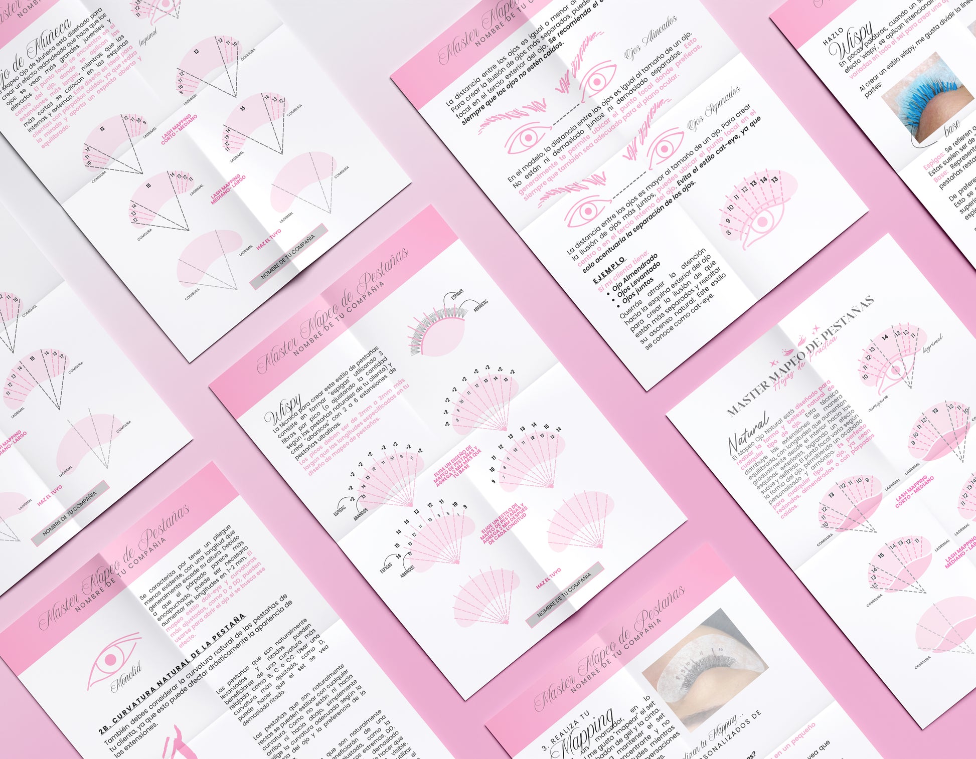 Imagen de la Guía Master de Mapeo de Pestañas, con 18 páginas editables en Canva. Diseño en tonos rosados y negros, incluyendo ilustraciones de mapas de pestañas y técnicas de aplicación. Destaca la opción de descarga instantánea y su uso como material de práctica para lashistas.