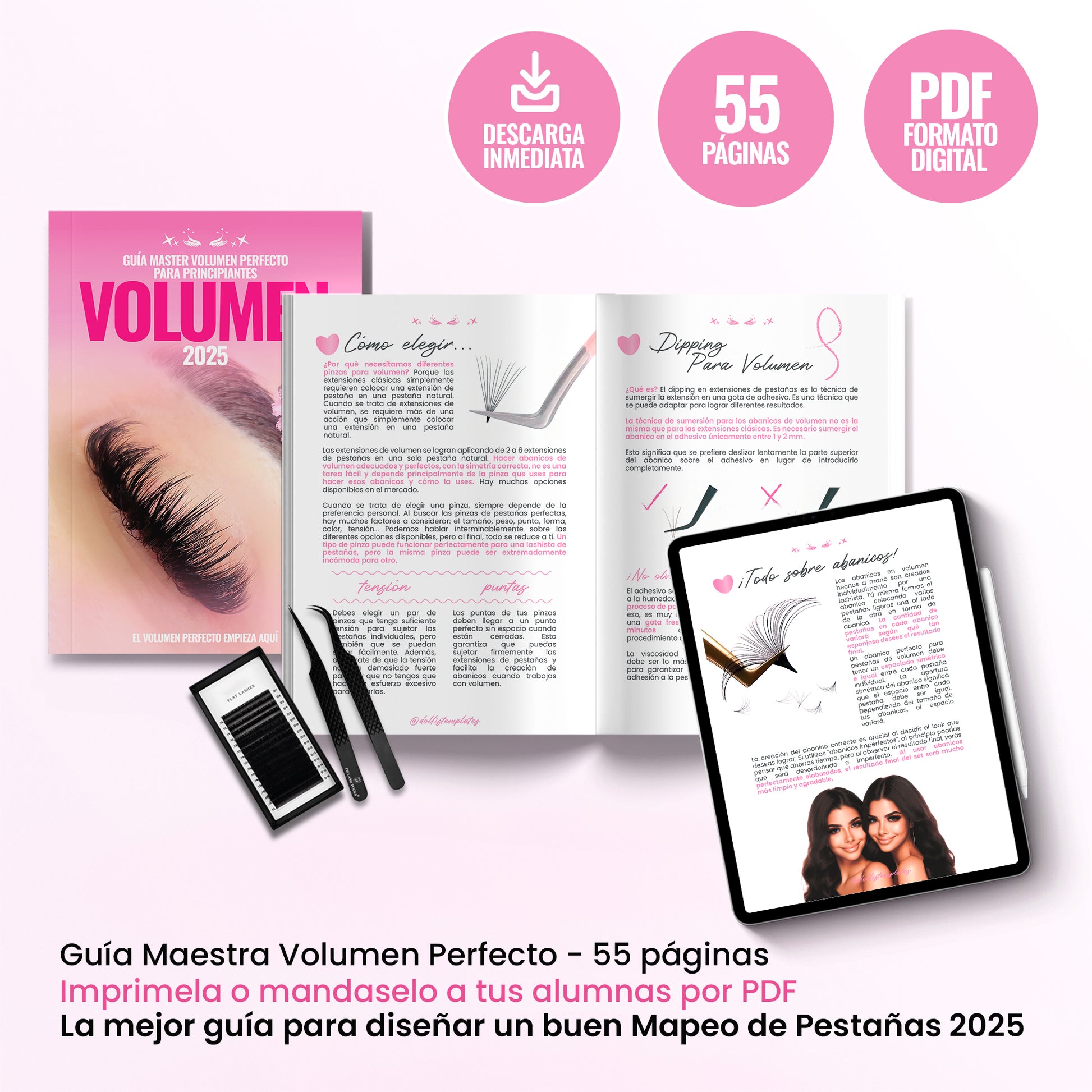 Guía Volumen Perfecto en formato digital para lashistas profesionales. Incluye portada elegante y páginas internas con técnicas de aplicación, mapeo de pestañas y diseño de estilos de volumen.