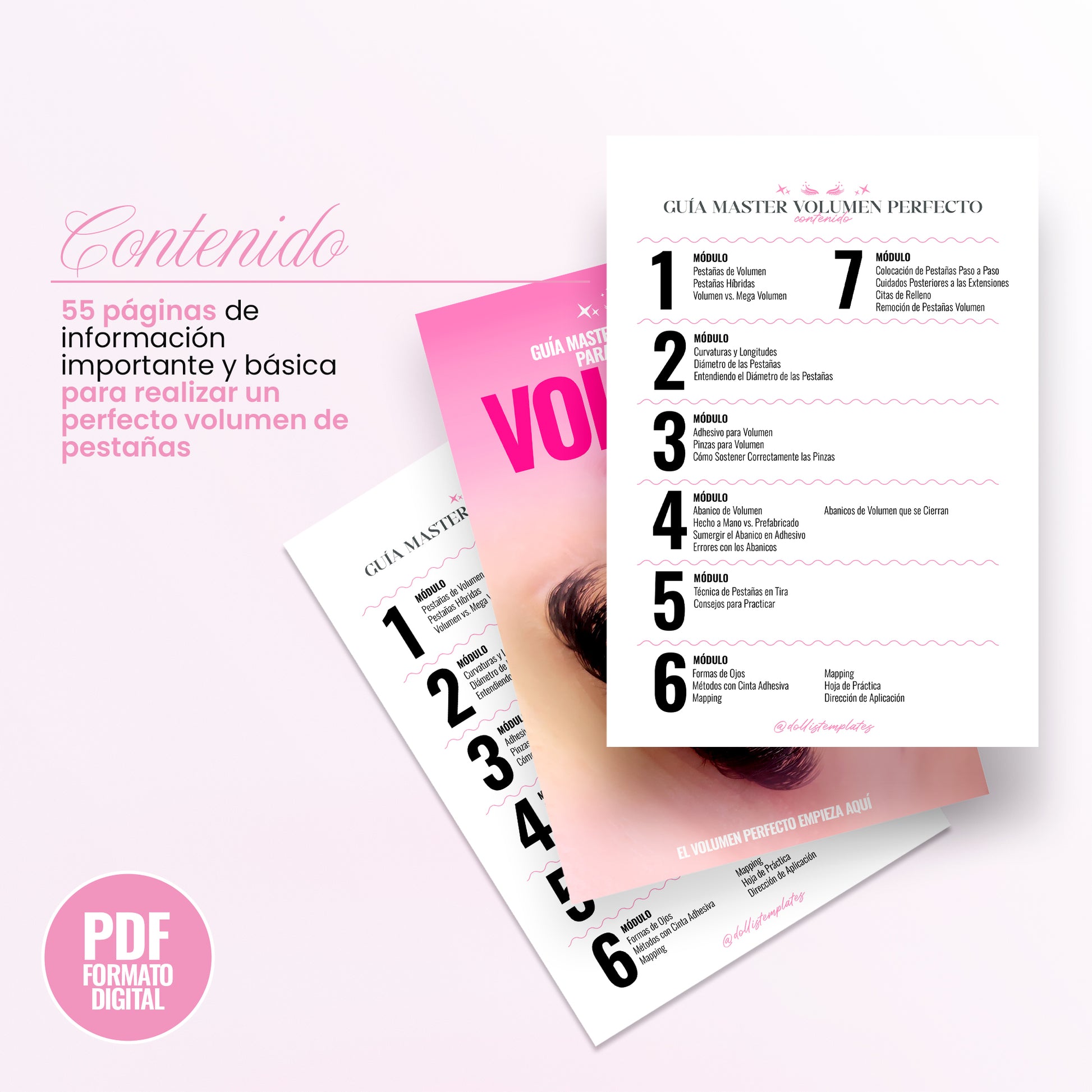 Guía Volumen Perfecto en formato digital para lashistas profesionales. Incluye portada elegante y páginas internas con técnicas de aplicación, mapeo de pestañas y diseño de estilos de volumen.