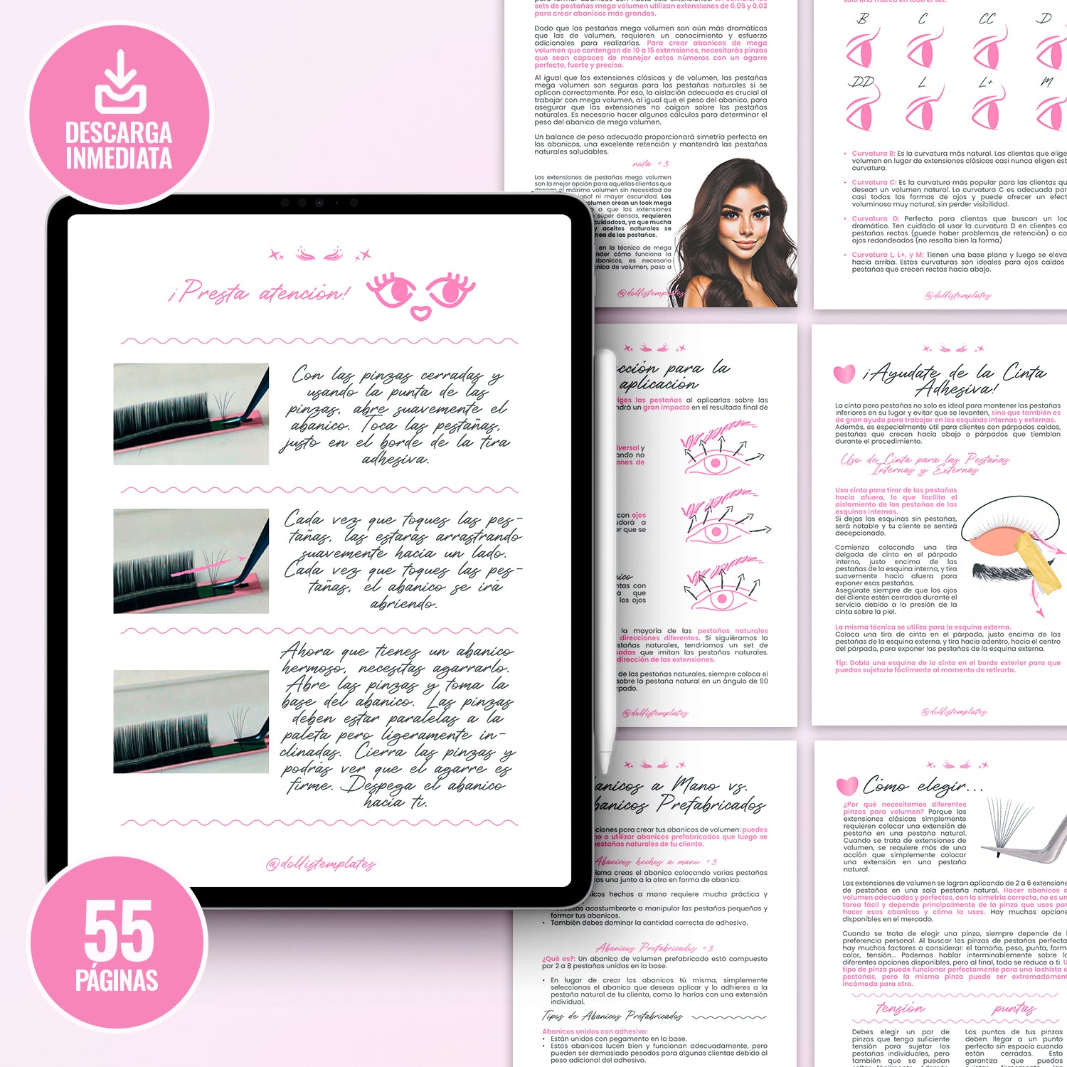 Guía Volumen Perfecto en formato digital para lashistas profesionales. Incluye portada elegante y páginas internas con técnicas de aplicación, mapeo de pestañas y diseño de estilos de volumen.