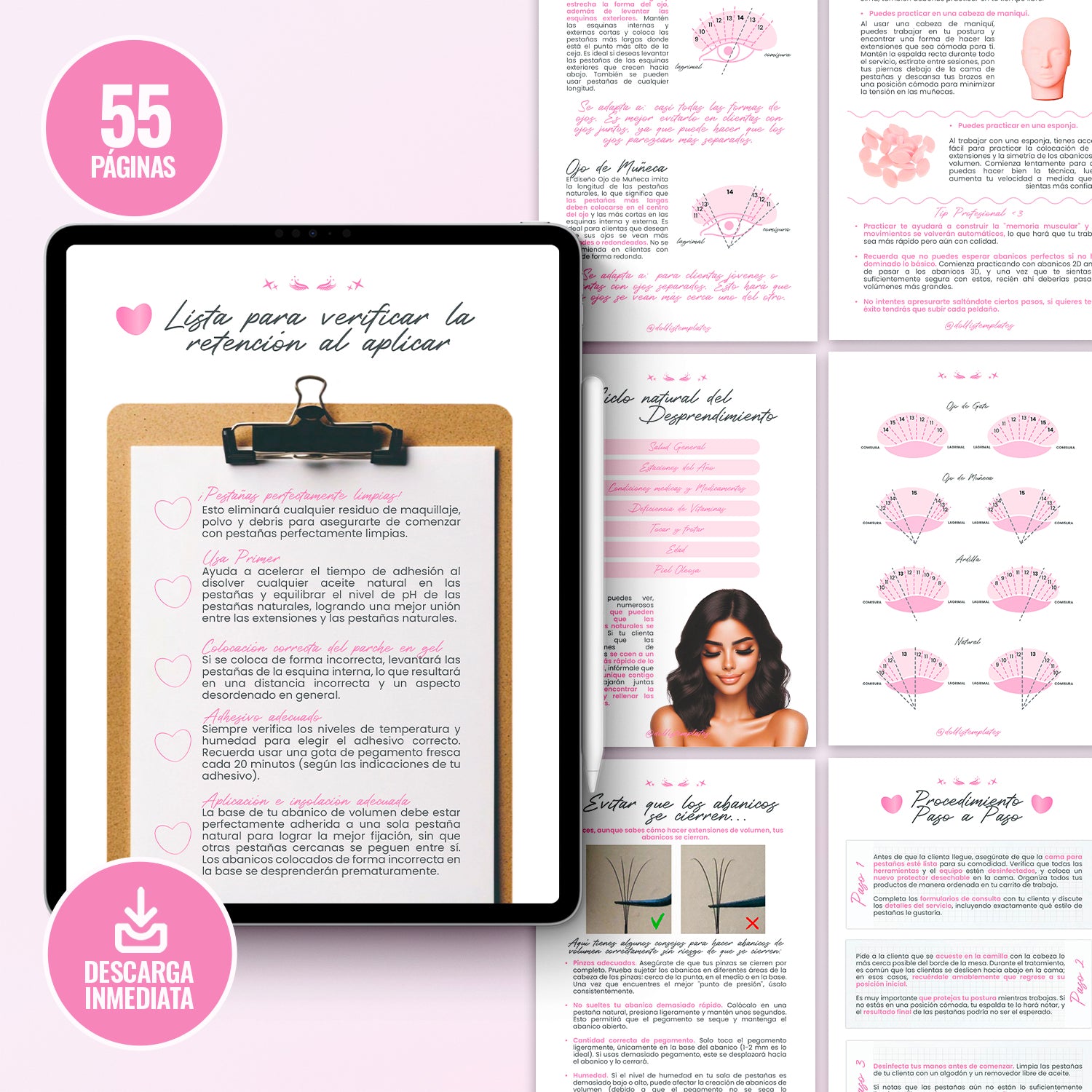 Guía Volumen Perfecto en formato digital para lashistas profesionales. Incluye portada elegante y páginas internas con técnicas de aplicación, mapeo de pestañas y diseño de estilos de volumen.