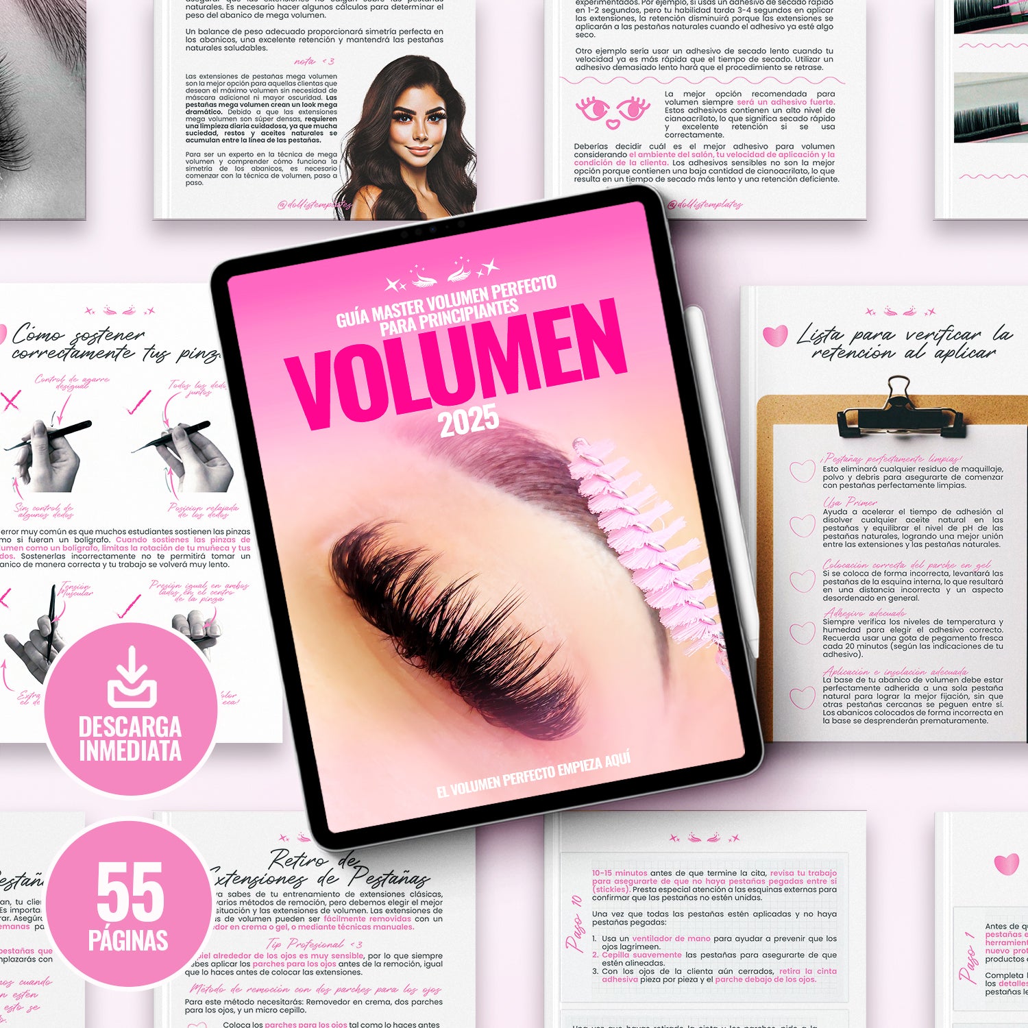 Guía Volumen Perfecto en formato digital para lashistas profesionales. Incluye portada elegante y páginas internas con técnicas de aplicación, mapeo de pestañas y diseño de estilos de volumen.