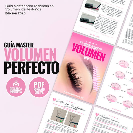 Guía Volumen Perfecto en formato digital para lashistas profesionales. Incluye portada elegante y páginas internas con técnicas de aplicación, mapeo de pestañas y diseño de estilos de volumen.