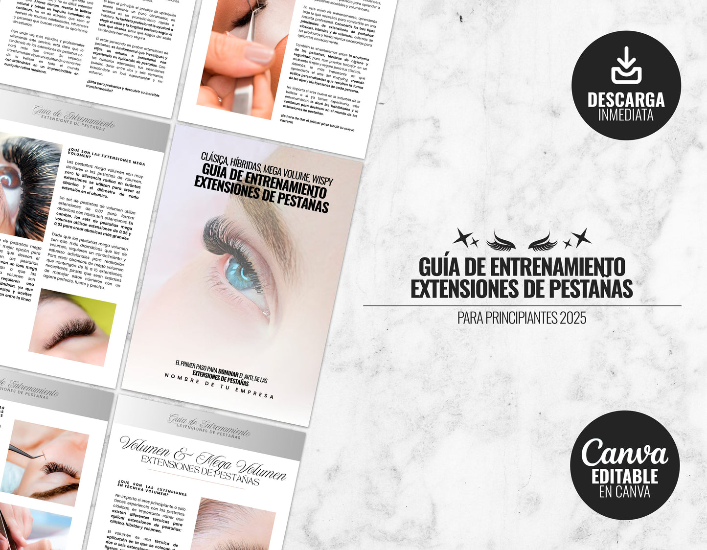 Imagen del pack digital “Guía de Entrenamiento en Extensiones de Pestañas” para principiantes. Incluye un manual editable en Canva con 57 páginas, hojas de práctica de mapeo y herramientas esenciales para aprender sobre volumen, mega volumen y técnicas híbridas. Disponible para descarga inmediata.