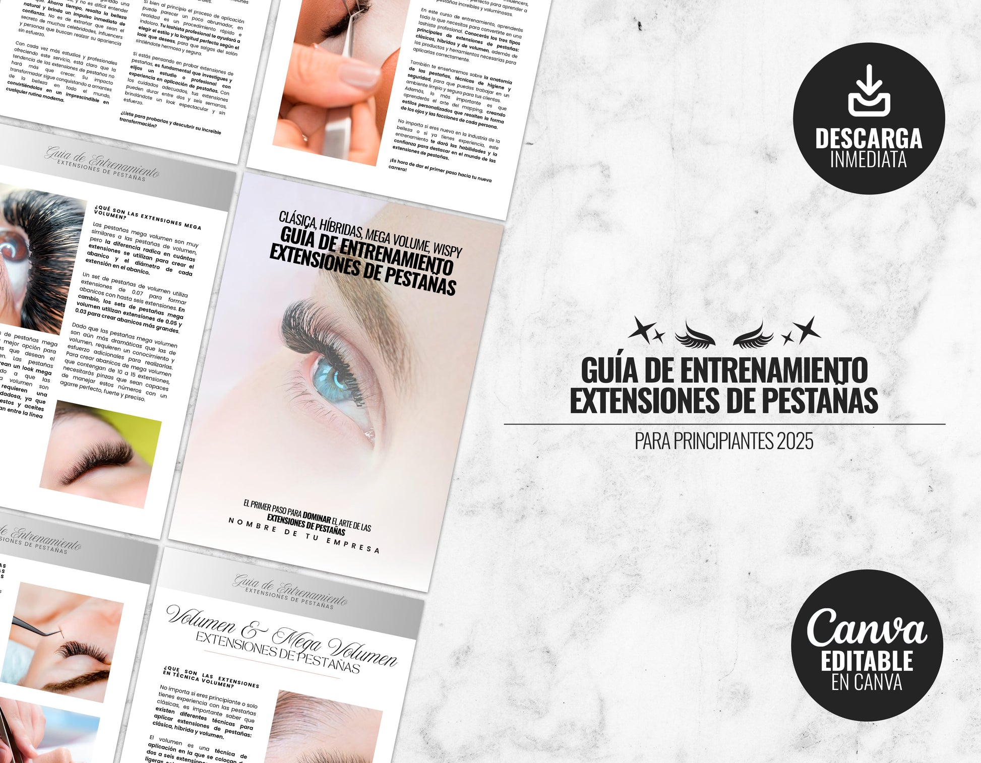 Imagen del pack digital “Guía de Entrenamiento en Extensiones de Pestañas” para principiantes. Incluye un manual editable en Canva con 57 páginas, hojas de práctica de mapeo y herramientas esenciales para aprender sobre volumen, mega volumen y técnicas híbridas. Disponible para descarga inmediata.