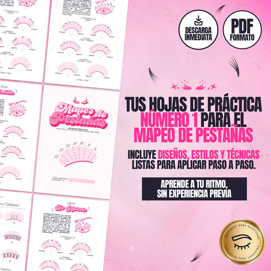 Plantillas de práctica en mapeo de pestañas, formato digital descargable en PDF, fáciles de usar para principiantes y lashistas.