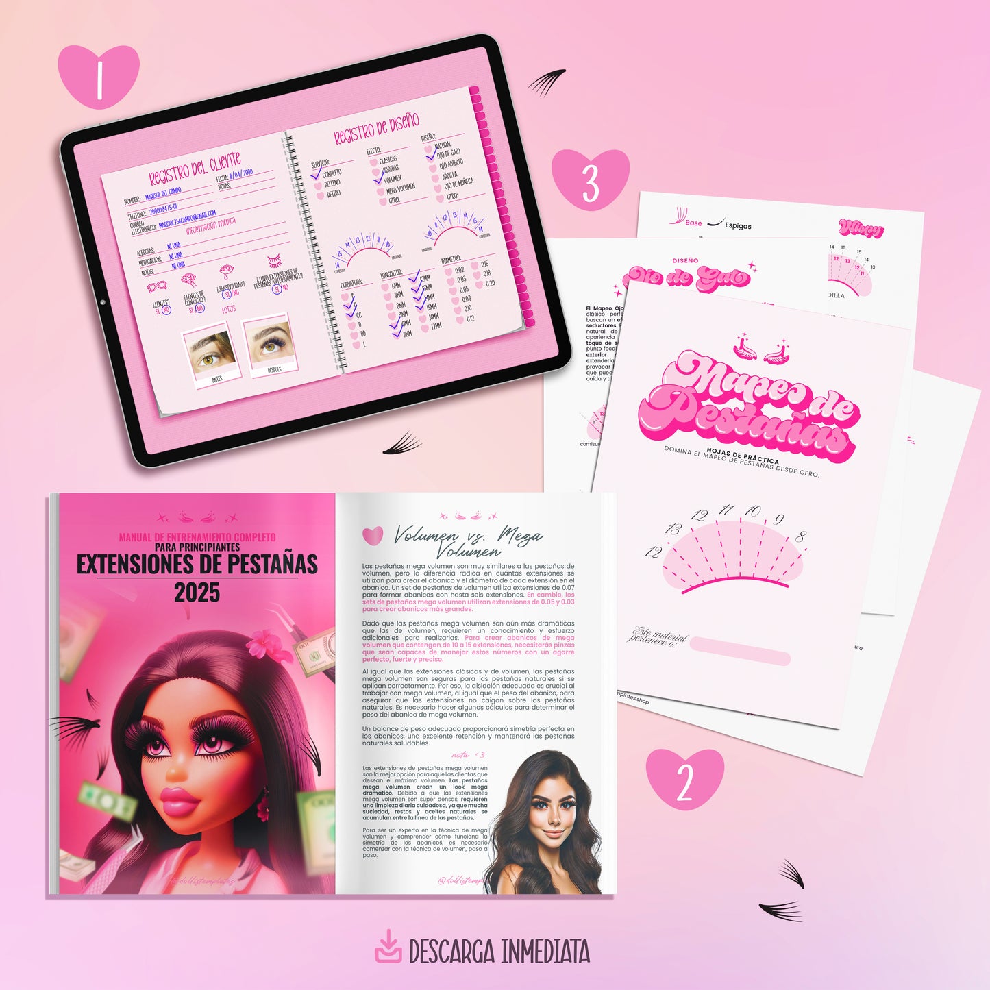 Imagen del Kit Profesional para lashistas que incluye manual de entrenamiento, hojas de práctica de mapeo de pestañas y lash book para registro del cliente. Diseño en tonos rosados, editable e ideal para imprimir o usar digitalmente. Descarga inmediata.
