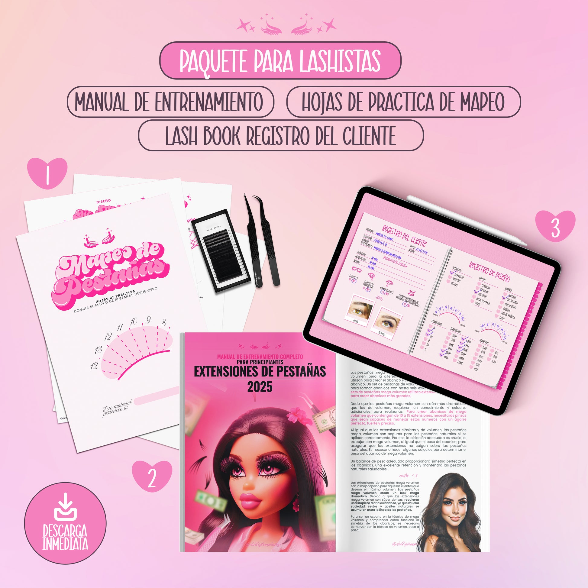 Imagen del Kit Profesional para lashistas que incluye manual de entrenamiento, hojas de práctica de mapeo de pestañas y lash book para registro del cliente. Diseño en tonos rosados, editable e ideal para imprimir o usar digitalmente. Descarga inmediata.