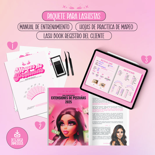 Imagen del Kit Profesional para lashistas que incluye manual de entrenamiento, hojas de práctica de mapeo de pestañas y lash book para registro del cliente. Diseño en tonos rosados, editable e ideal para imprimir o usar digitalmente. Descarga inmediata.