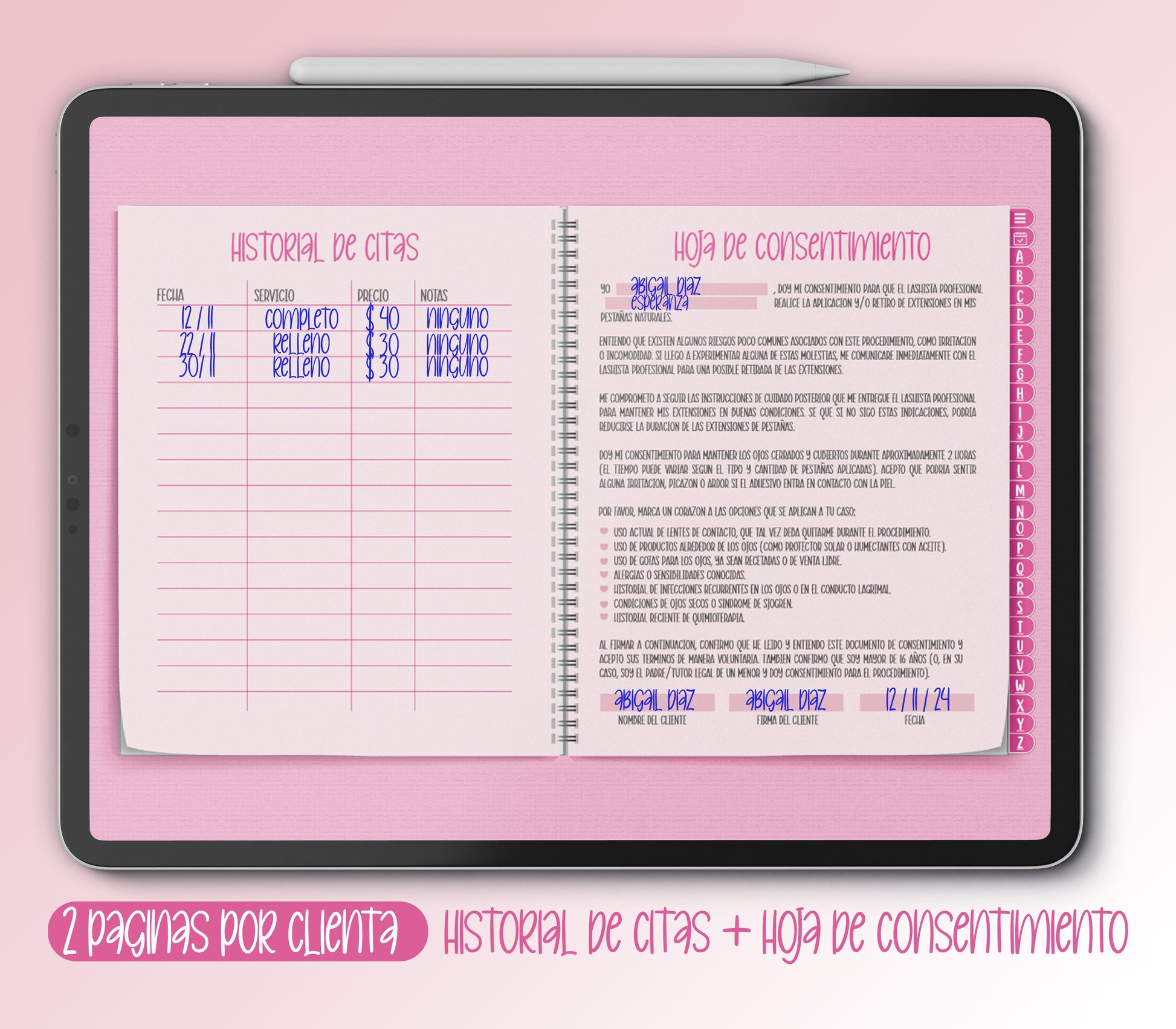 Portada del Lash Book Digital para Lashistas, incluye 500 páginas de registro hipervinculadas en GoodNotes, +Notes, Noteability, etc.