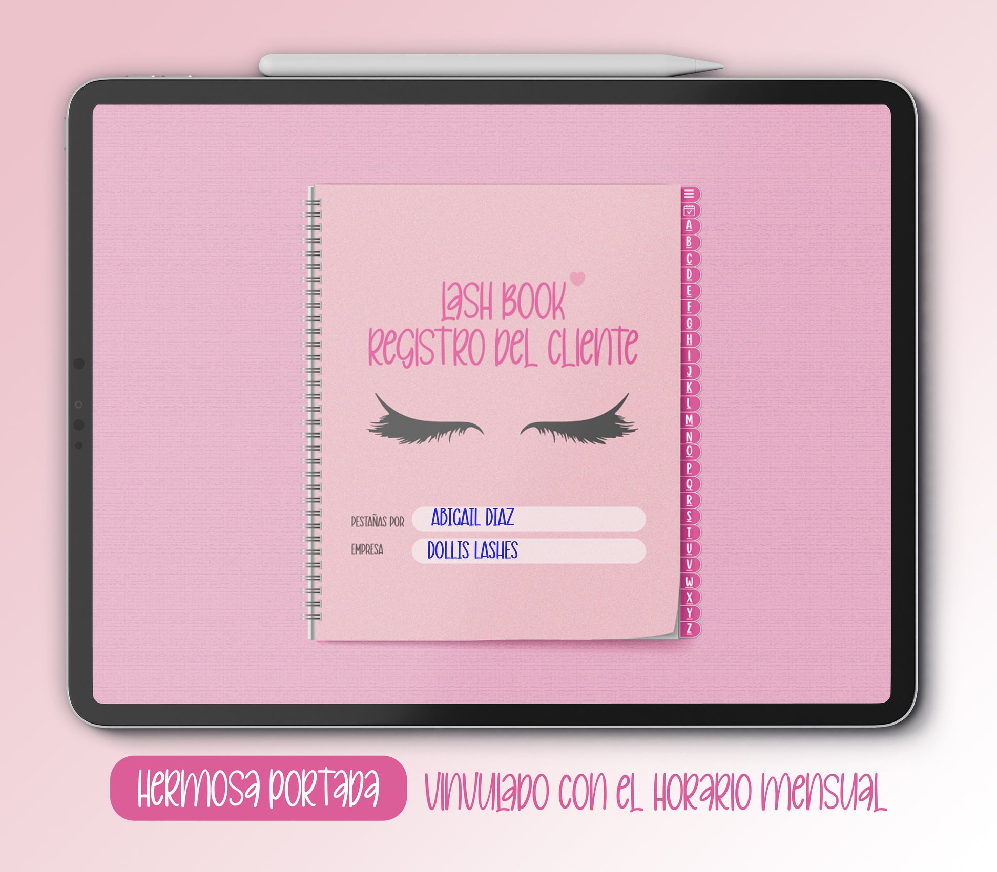 Lash Planner profesional digital en color rosado para lashistas. Incluye 500 páginas con hipervínculos para planificación diaria, semanal y mensual. Compatible con Goodnotes y Notability. Diseño editable, ideal para llevar control de citas, metas y organización del negocio de extensiones de pestañas.
