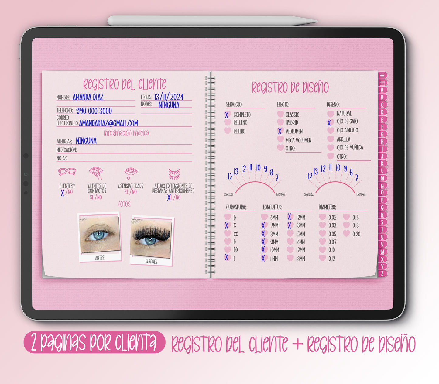 Lash Planner profesional digital en color rosado para lashistas. Incluye 500 páginas con hipervínculos para planificación diaria, semanal y mensual. Compatible con Goodnotes y Notability. Diseño editable, ideal para llevar control de citas, metas y organización del negocio de extensiones de pestañas.