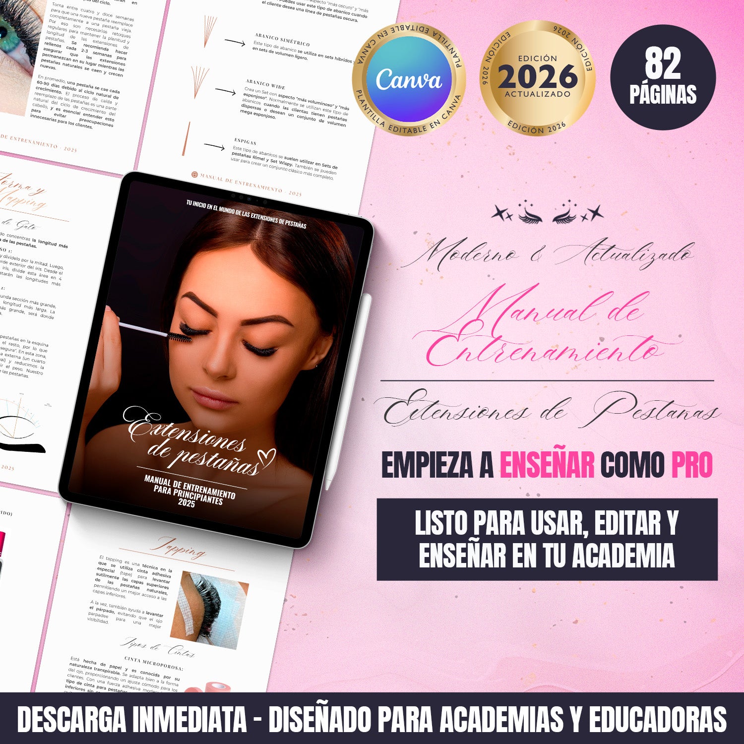 Manual de entrenamiento en extensiones de pestañas editable en Canva para academias y educadoras, incluye 12 módulos estructurados y diseño profesional moderno